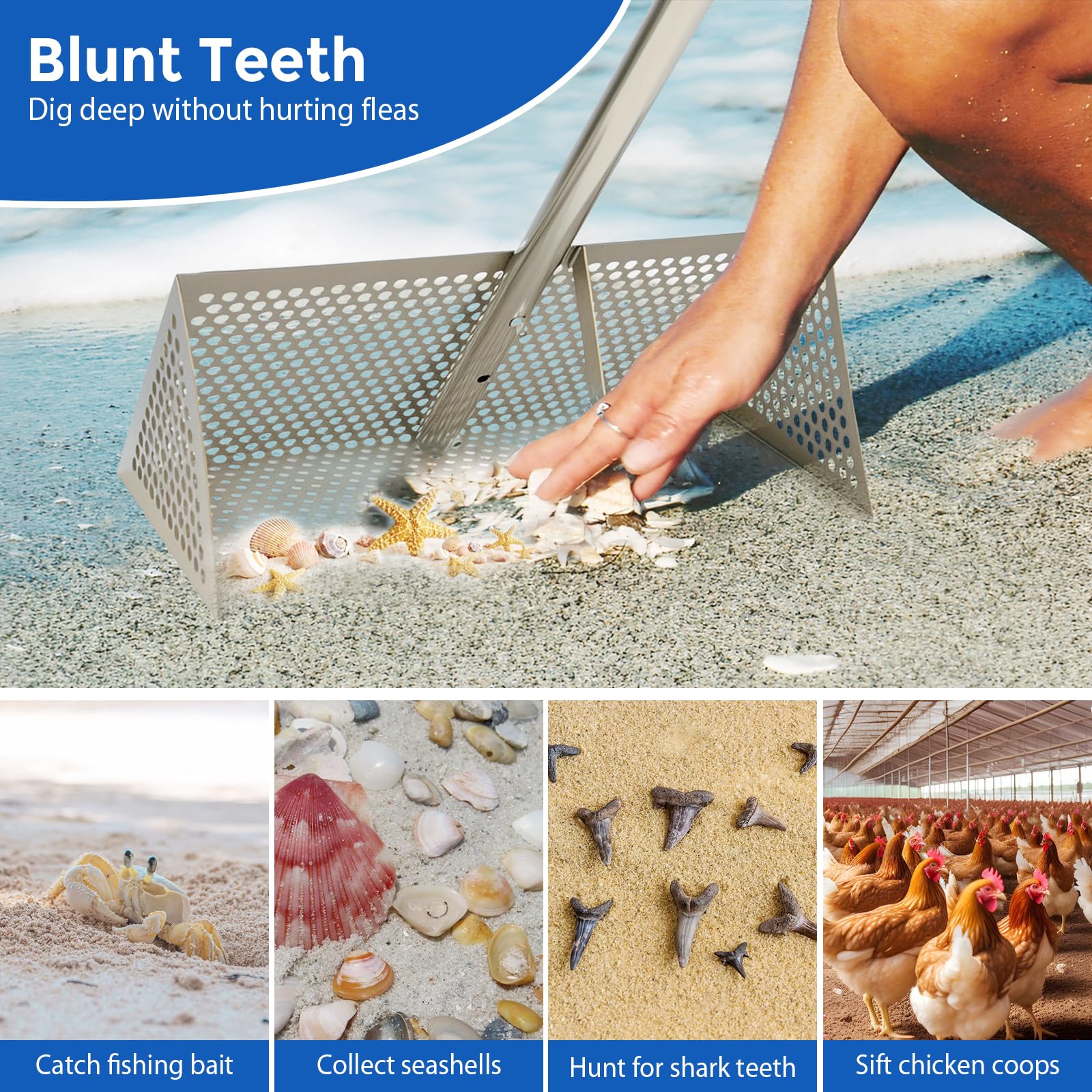 Rastrello da spiaggia, rastrello per pulci di sabbia, in acciaio inox con ampio cestello trapezoidale, rastrello per la spiaggia, rastrello di sabbia rimovibile con manico lungo, denti affilati