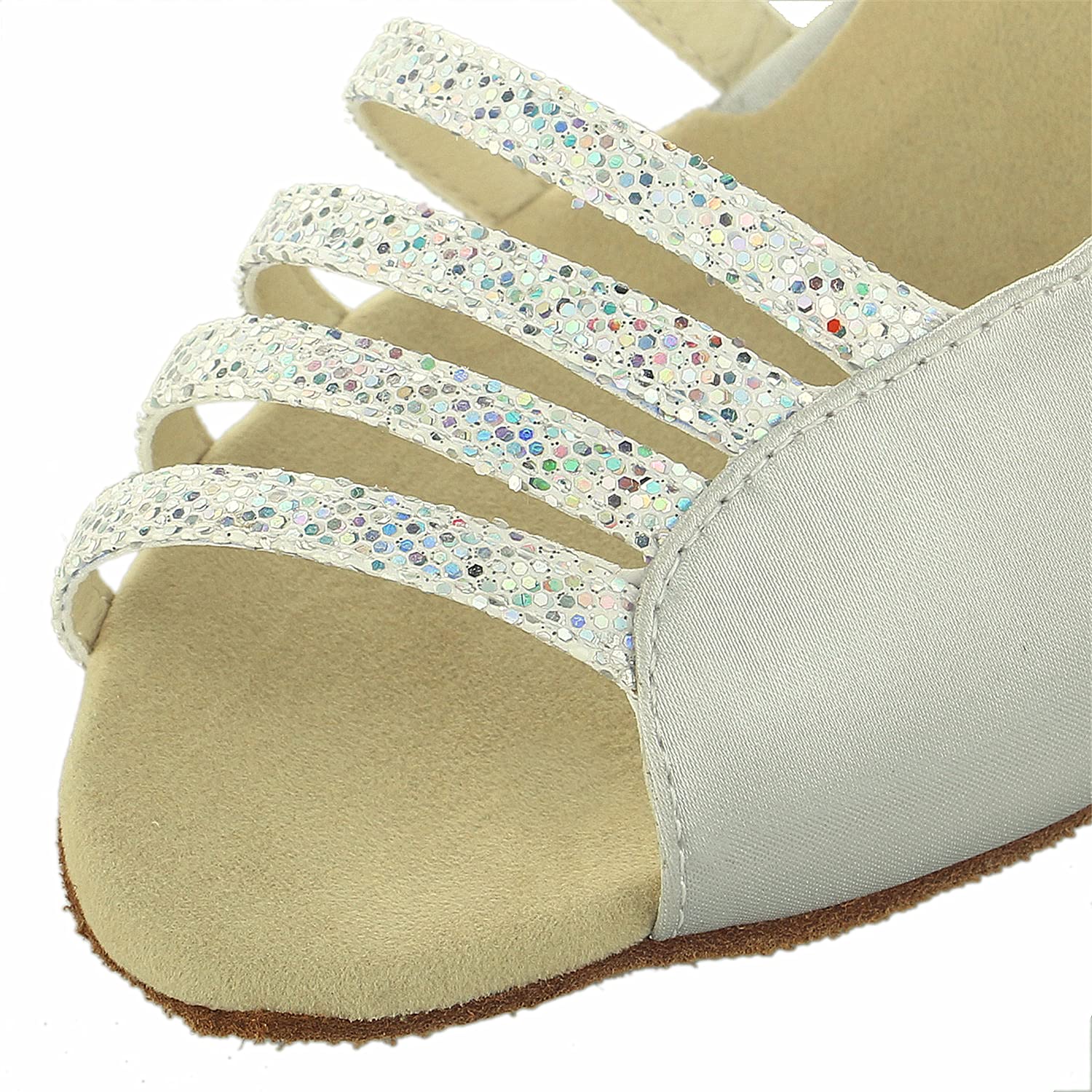 JIA JIA Y20510 - Sandalias de mujer con tacón acampanado, supersatén con lentejuelas, zapatos de baile latino