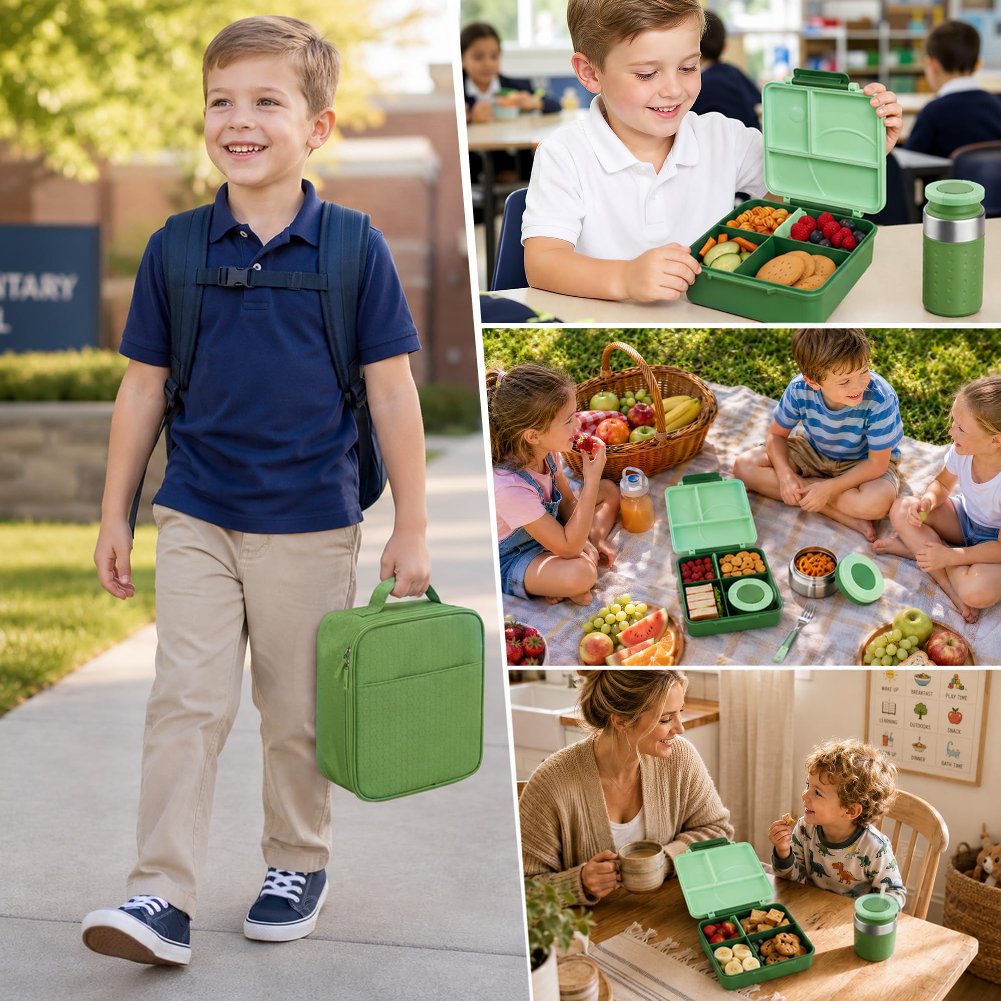 Bento-Lunchbox-Set für Kinder mit 237 ml Suppen-Thermo, auslaufsichere Lunchbehälter mit 4 Fächern, Kinder-Thermobehälter für heiße Speisen und isolierte Lunchtasche für Kinder zur Schule, Grün