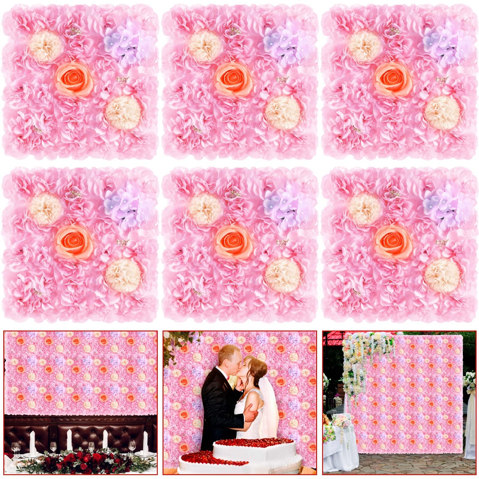 Tigeen 6 Pcs Flower Wall Panels 3D Silk Rose Floral Decorative Faux Flower Wall Background for Wedding Home Decoration Background Shop Party Photo
