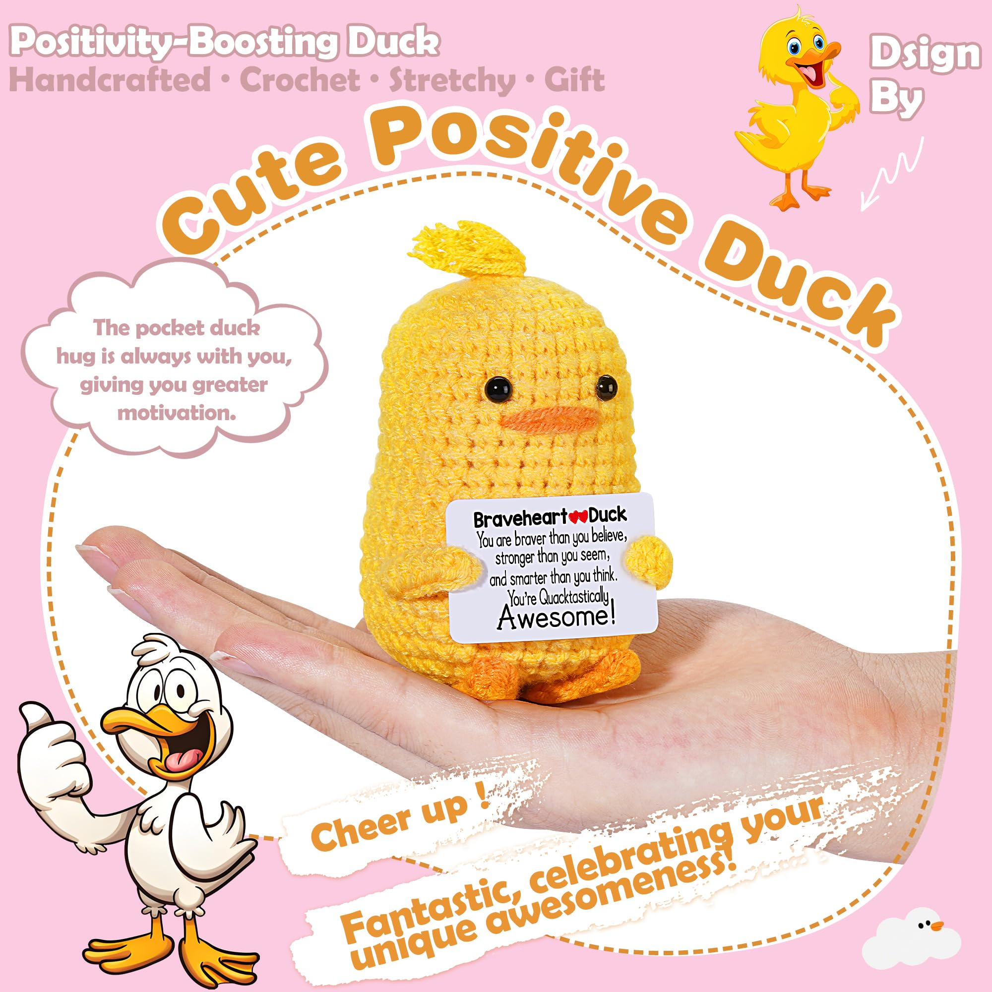 Positive Affirmation Companion Crochet Duck, Inspirational Crochet Animals Stress Anxiety Relief Toys, Handmade Mental Health Gifts for Women Men, Cute Desk Decor for Friends Coworkers Birthday
