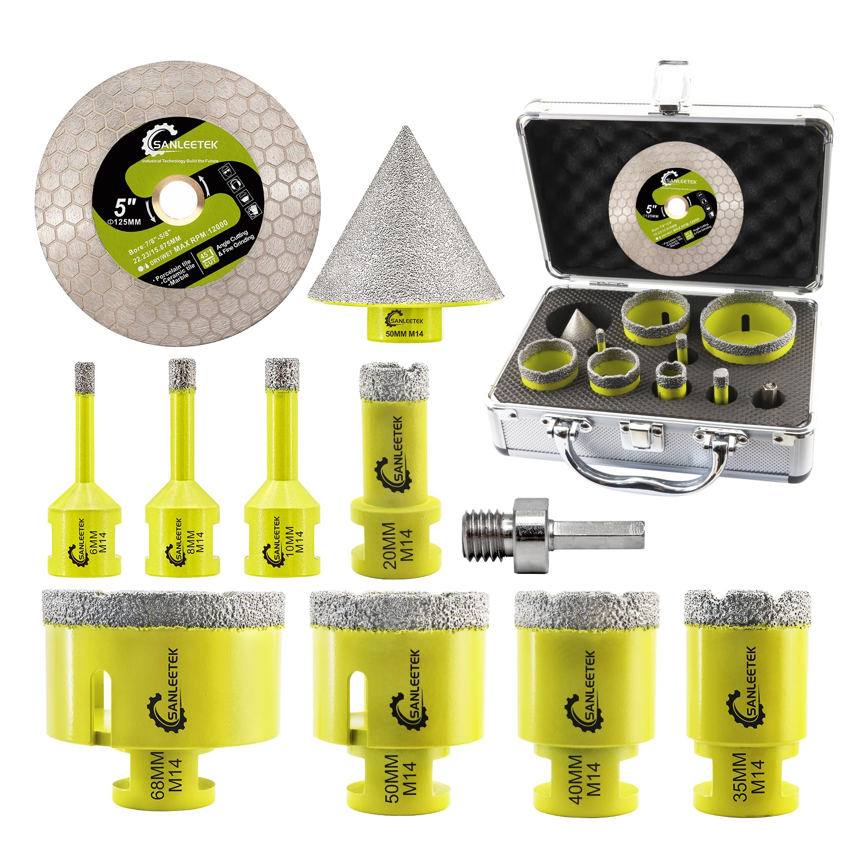 Diamond Core Drill Bits Set - SANLEETEK Diamond Hole Saw Kit 11pcs (6/8/10/20/35/40/50/68mm+50mm Beveling Chamfer Bit+125mm Saw Blade+Hex) for Porcelain Tile Ceramic Marble Granite