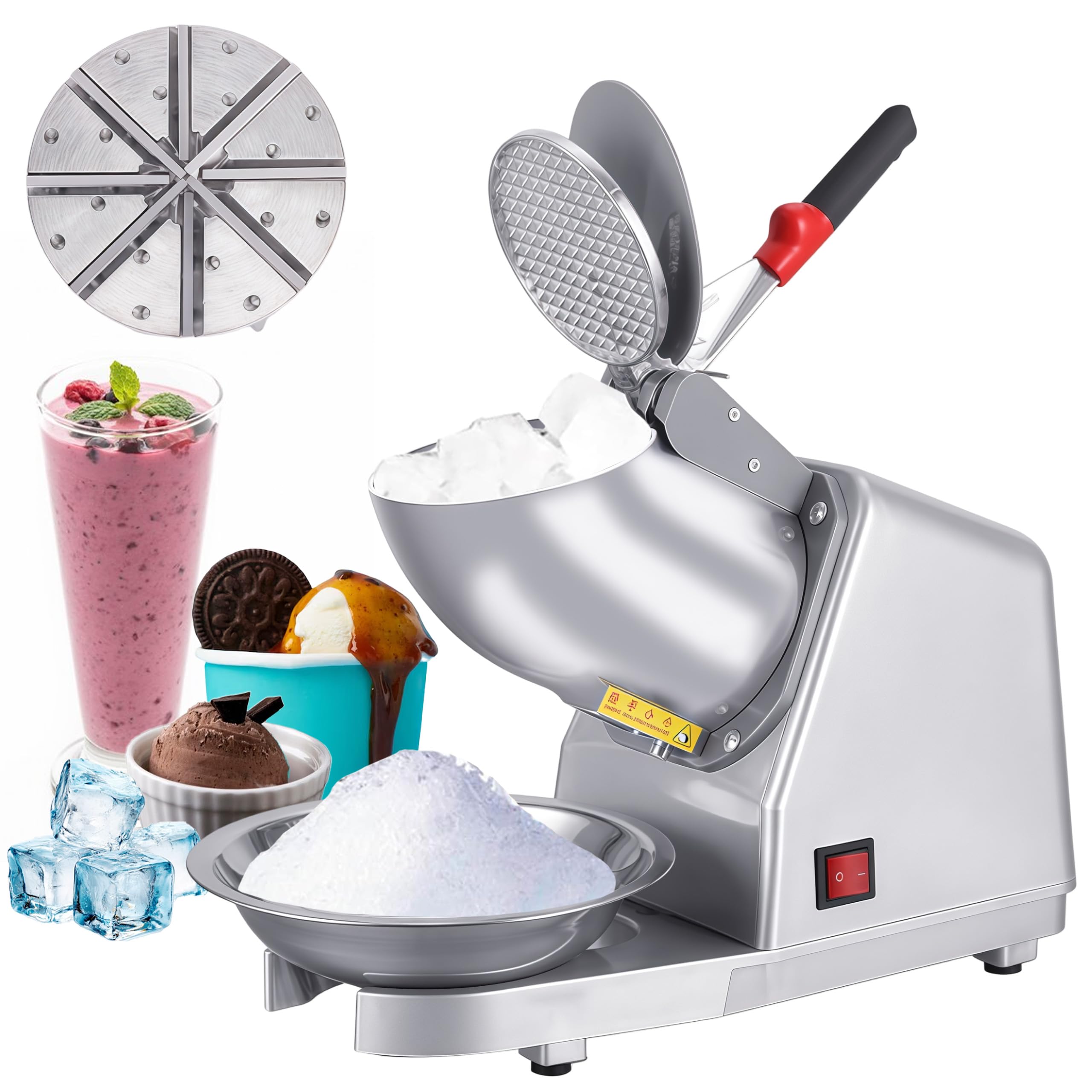 Broyeur à Glace électrique, Broyeur à Glace en Acier Inoxydable avec 8 Lames et d'un bol, 65 kg/h-Double Couvercl, Idéal pour la Préparation de Smoothies, Boissons Fraîches et Thés au Lait