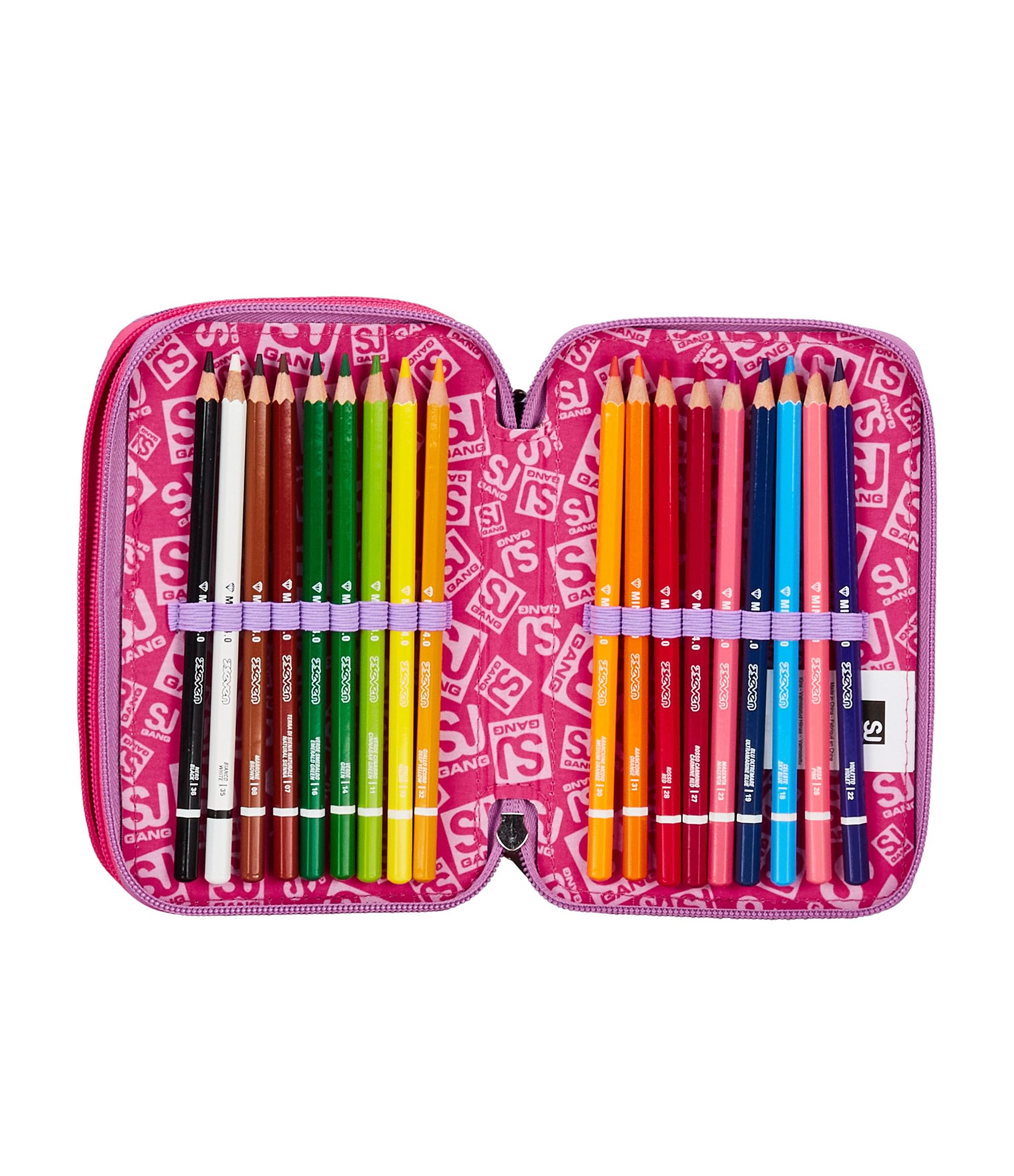 SJ GANG STYLE JAM GANG Astuccio Scuola 3 Zip, Nero e Rosa, Colorful Panda, Portapenne Triplo Scomparto Completo Di Penne, Matite, Colori, Accessori Zaino, Elementari, Medie, Bambina, 30C202461-379