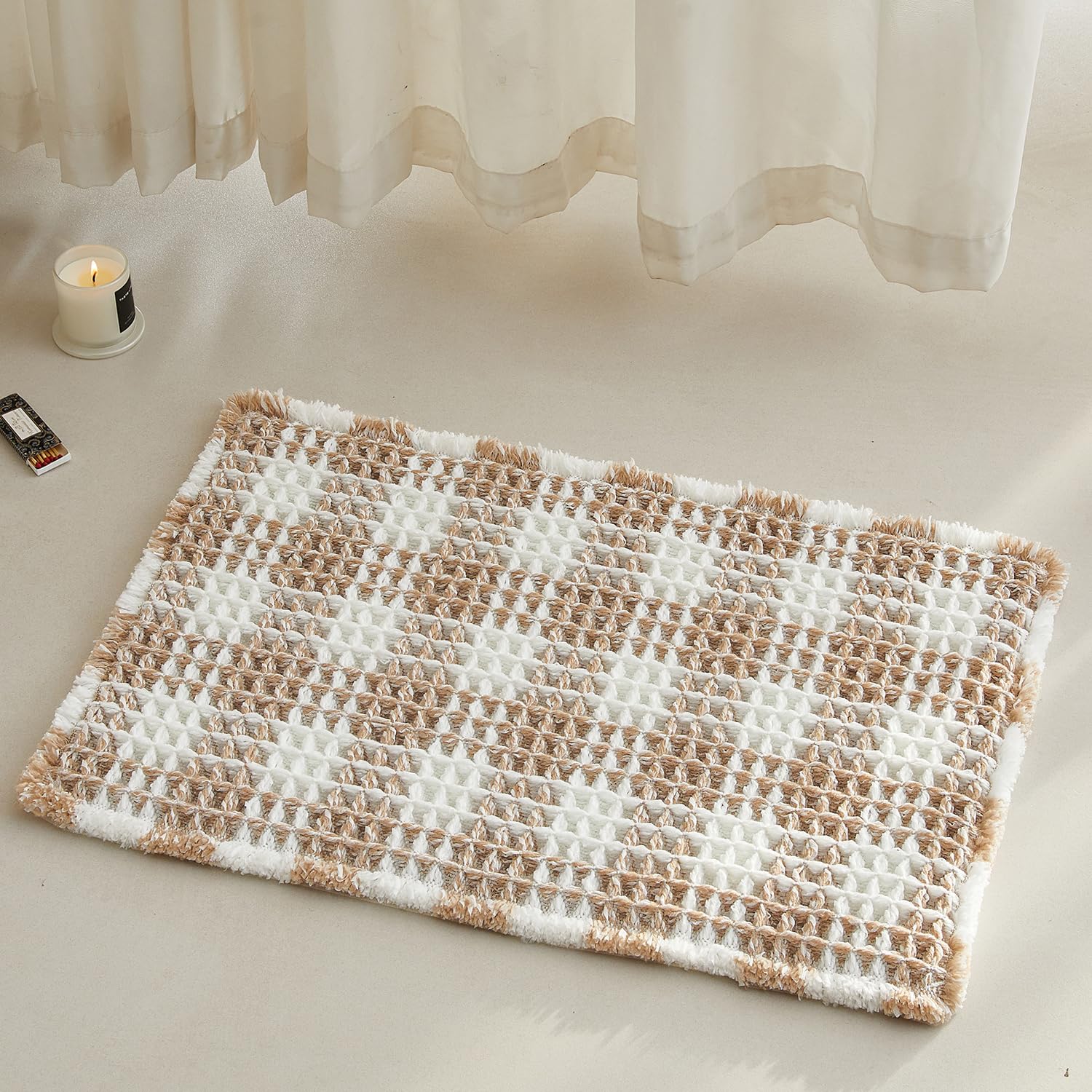 TYUU Waffle Bath Mat, Small Boho Bathroom Rugs Non Slip 24x16 Khaki &amp; White