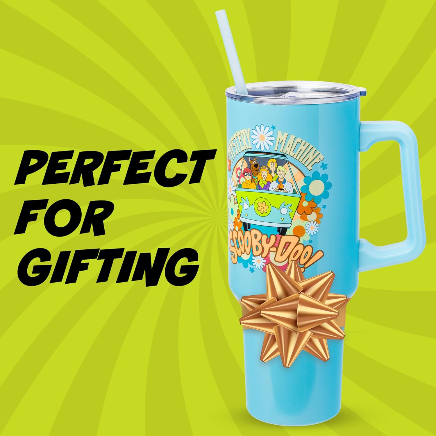 Silver Buffalo Scooby Doo Mystery Machine Featuring Shaggy, Velma, Fred and Daphne Double Walled Stainless Steel Tumbler with Handle and Straw, Fits in Standard Cup Holder, 40 Ounces - Image 7