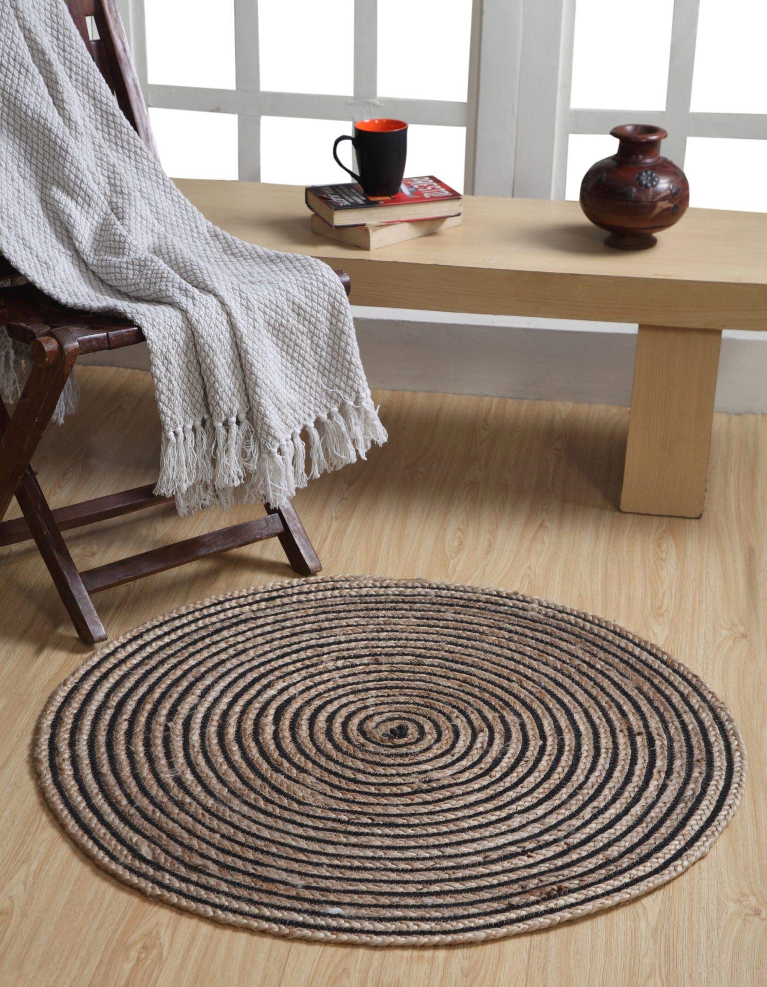 CHAKKAR DARK Small Stripe Braided Jute Round Rug 60 cm Diameter