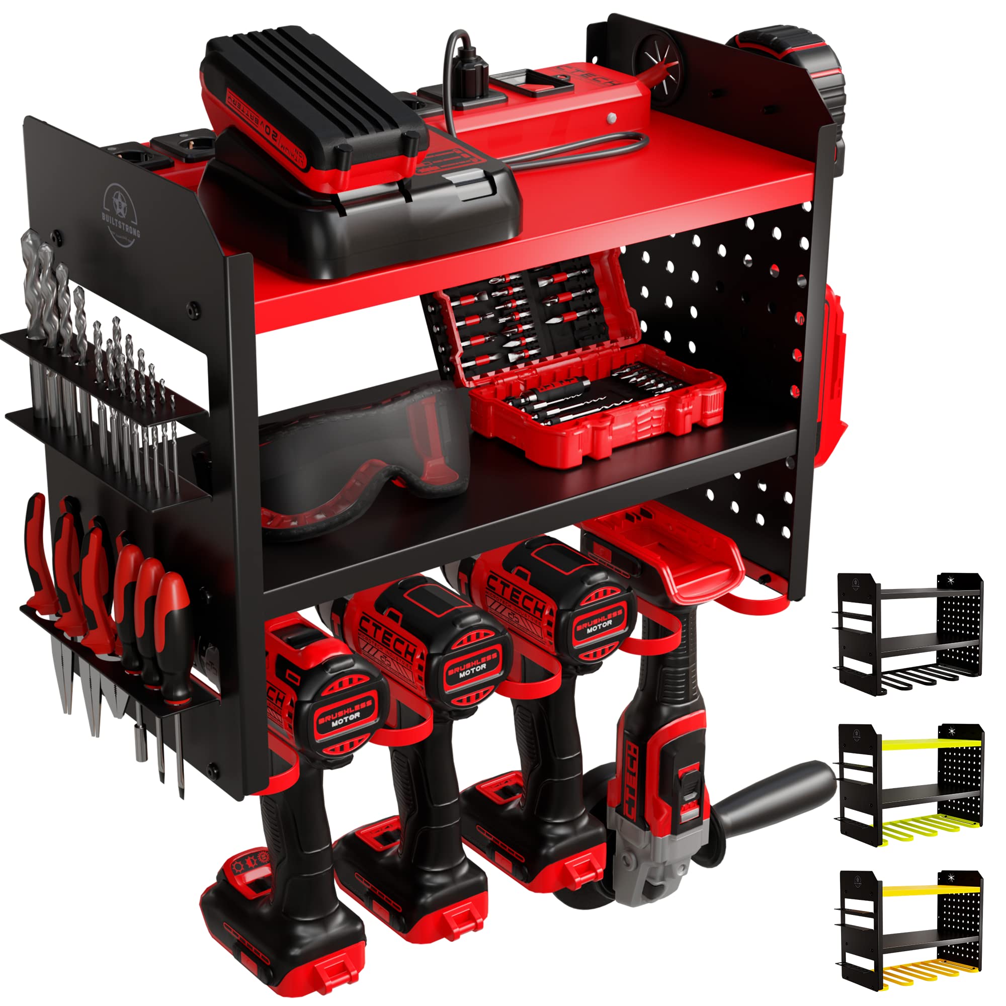 BUILTSTRONG Power Tool Organizer Wall Mount - 3-Tier Heavy-Duty Metal Hand Tool Storage Rack, Utility Racks, Drill Holder, PegBoard Side, & More - Garage Storage Cordless Tool Organizer (Red)