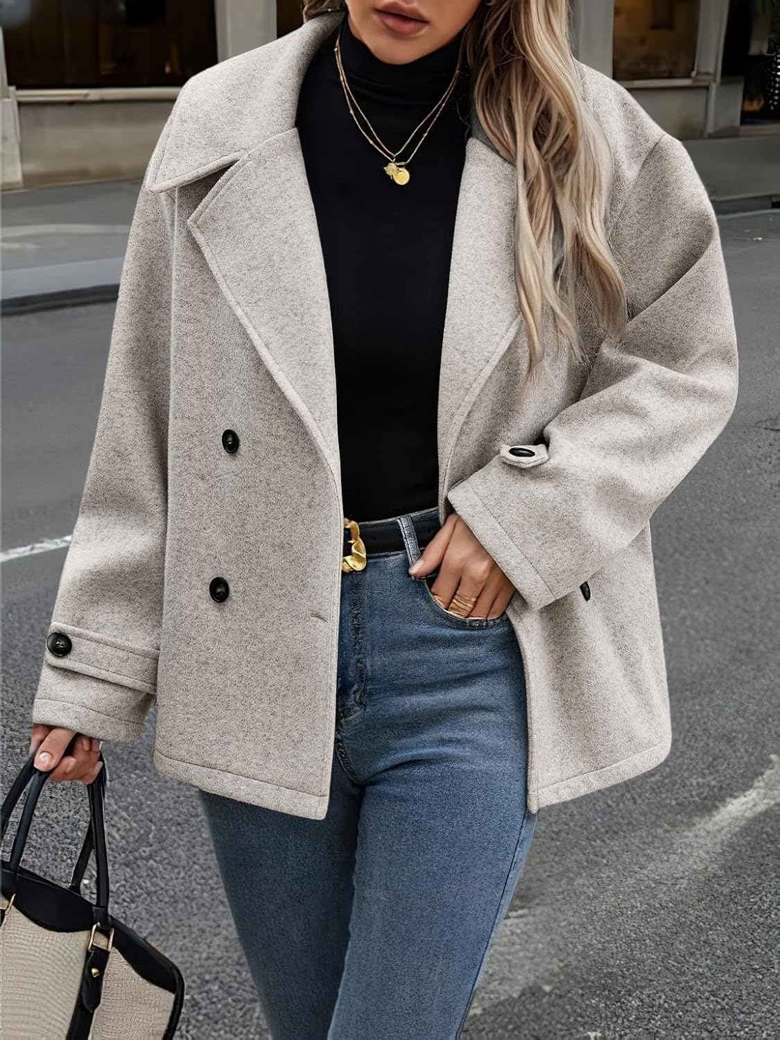 CHOUYATOU Women's Winter Loose Fit Cropped Wool Coat Double Breasted Dressy Short Blazer Jacket Peacoat - Image 5