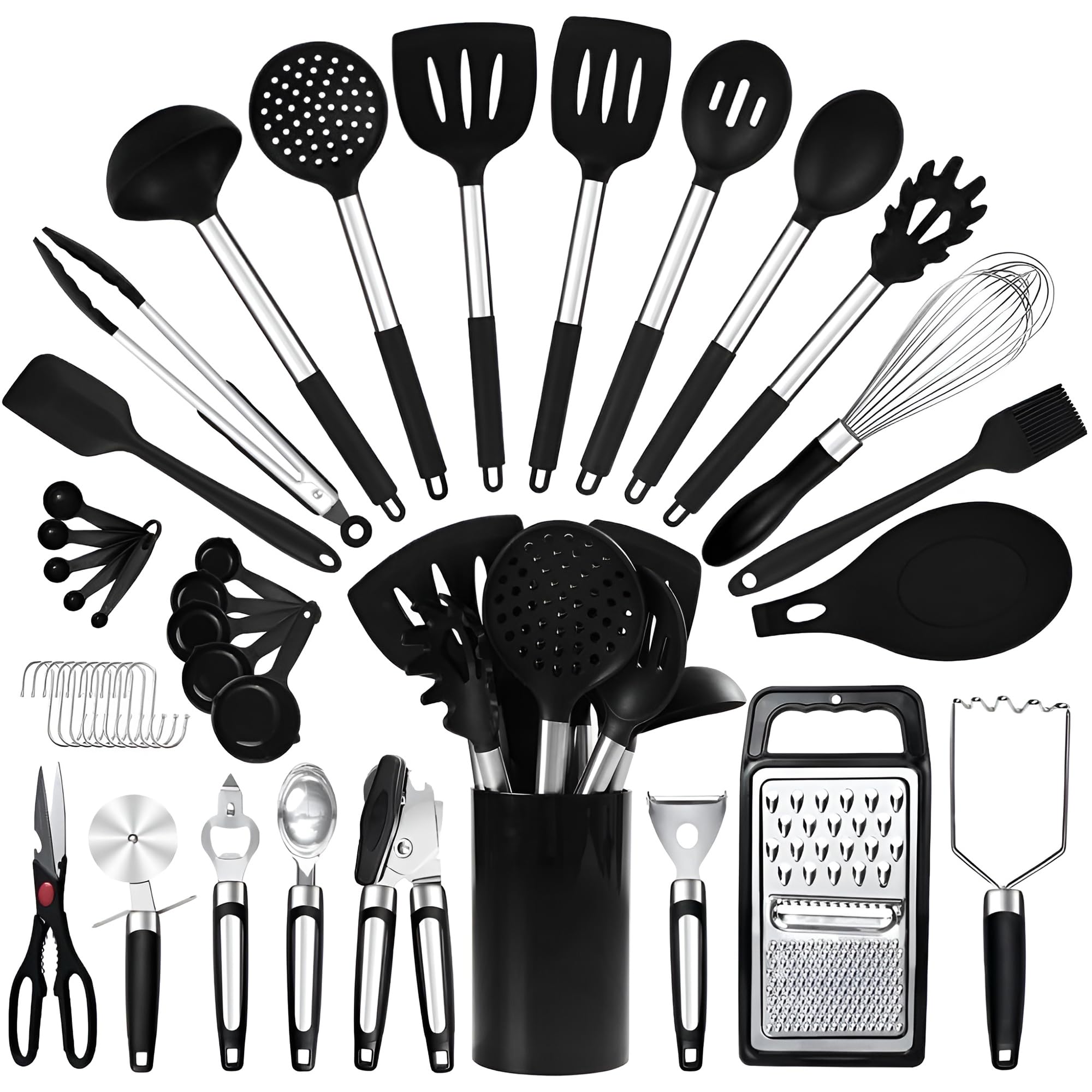 RFAQK 40PCs Silicone Kitchen Utensils Set with Holder 446℉ Heat Resistant,BPA Free Cooking Utensils Set, Silicone Utensil Set Includes Can Opener, Potato Smasher,Peeler,Tongs,Spatula Set,Pizza Cutter