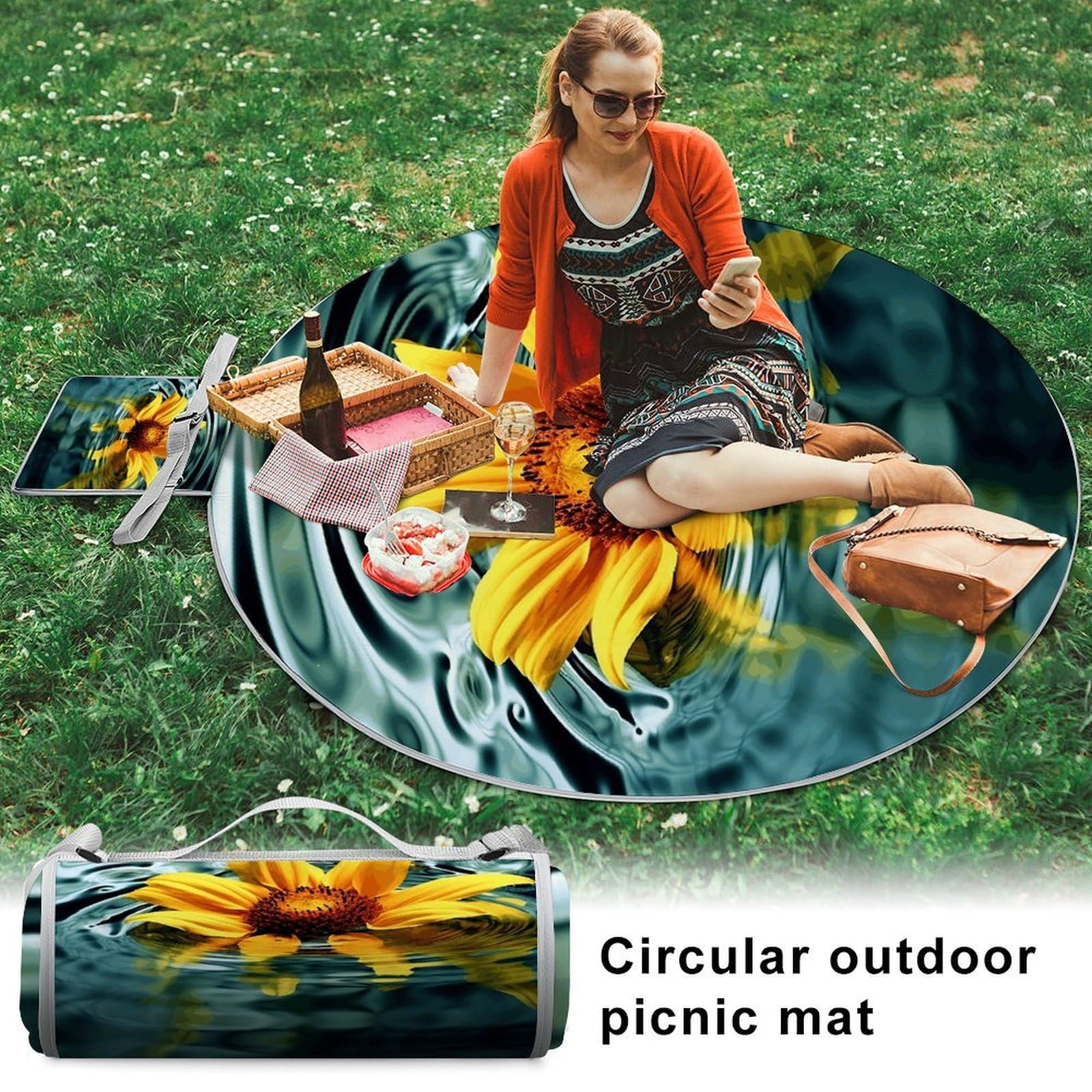 Manta de picnic redonda plegable y ligera, manta de playa impermeable, manta de exterior para primavera, verano, camping, parque, viajes, hierba