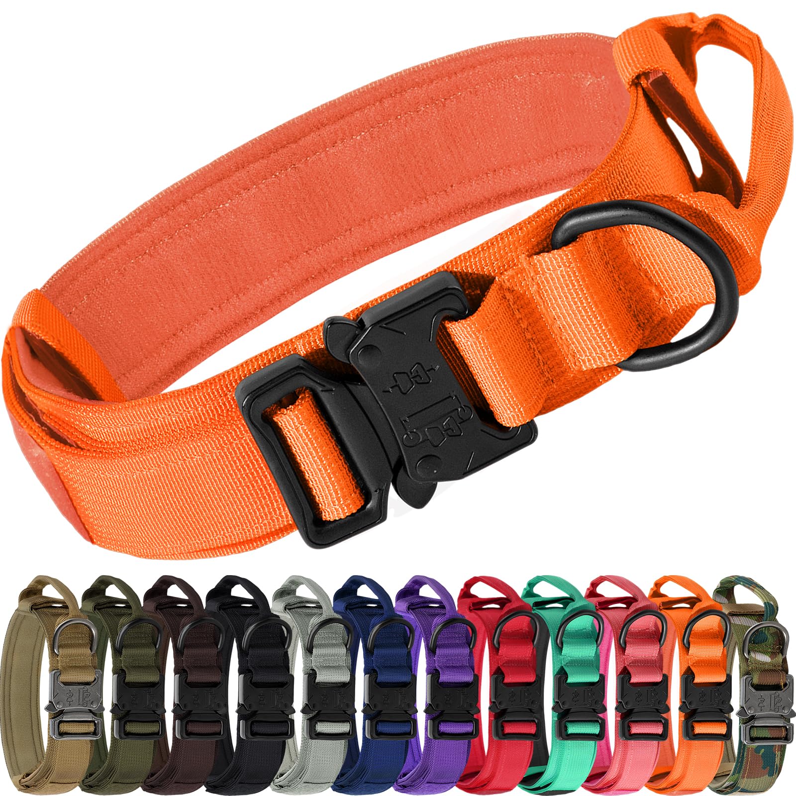 Joytale Tactical Dog Collar with Handle, Adjustable Heavy Duty Military Collar with 2 Patches for Training, Suitable for XLarge Dogs, Orange, XL