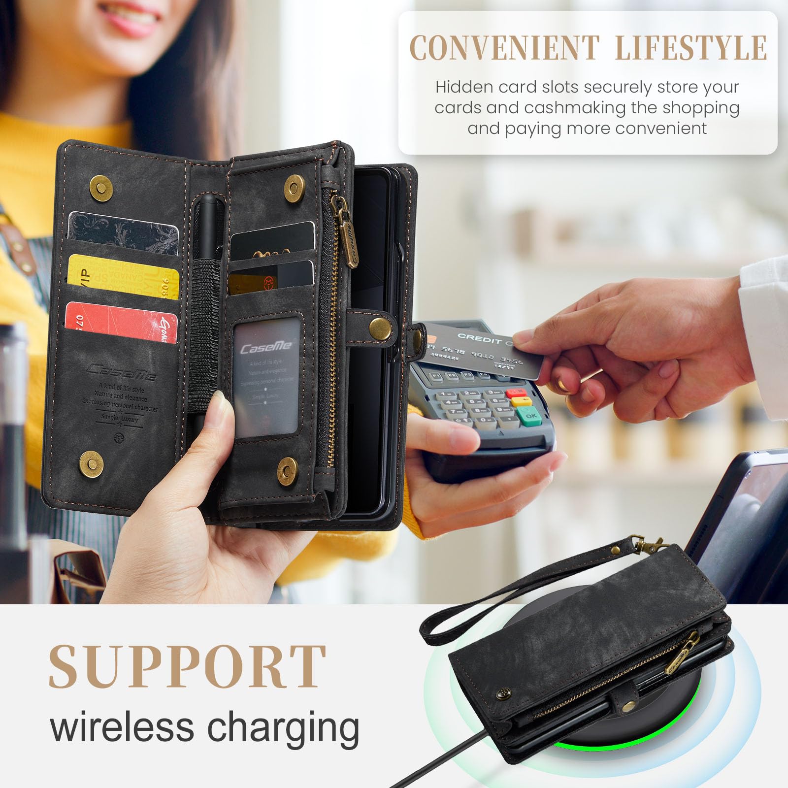 UFinetech Z Fold 6 Case, Shockproof Card Holder Flip Zipper Slots Wallet Cover for Galaxy Z Fold6 Case, Built-in S-Pen Holder - Image 4