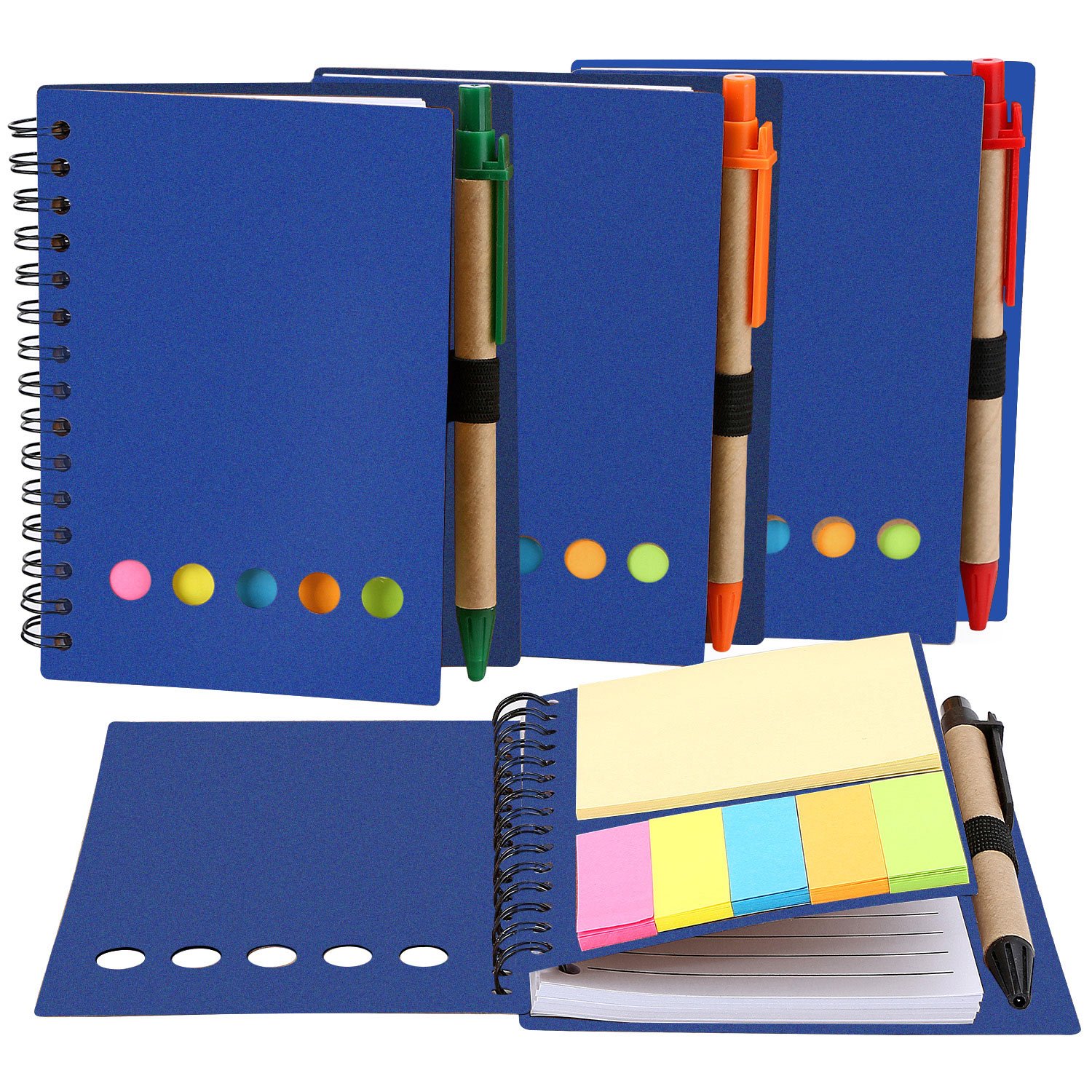 TOODOO 4 Packs Spiral Notebook Lined Notepad with Pen in Holder Small Pocket Notebooks Steno Pads, Sticky Notes, Page Marker Colored Index Tabs Flags, Kraft Paper Cover