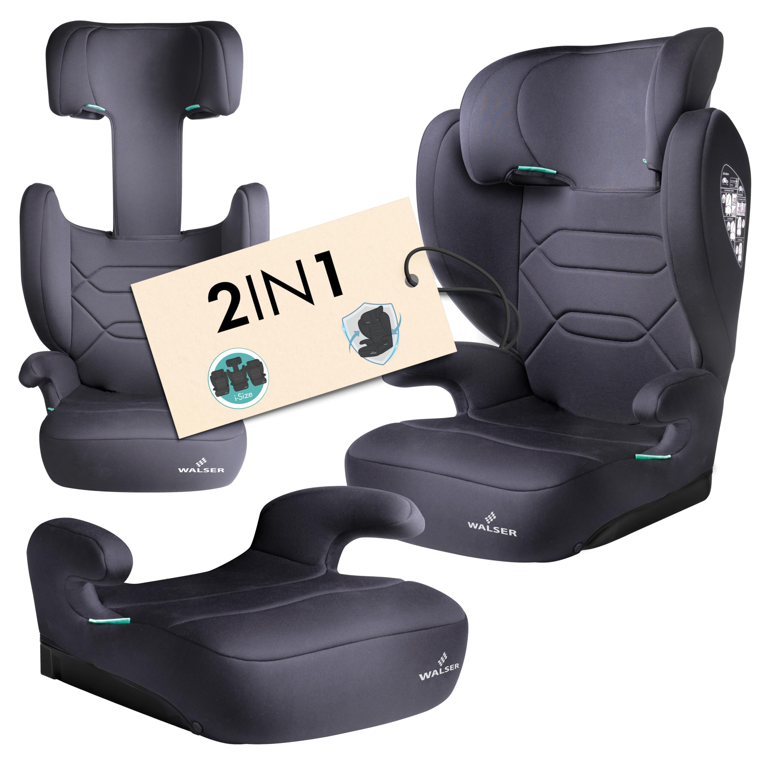 WALSER Siege auto enfant Premium Numa, rehausseur enfant 2in1 confortable dossier amovible + appui-tete evolutif 3-8 ans 100-150 cm norme recente ECE R 129, rehausseur voiture anthracite