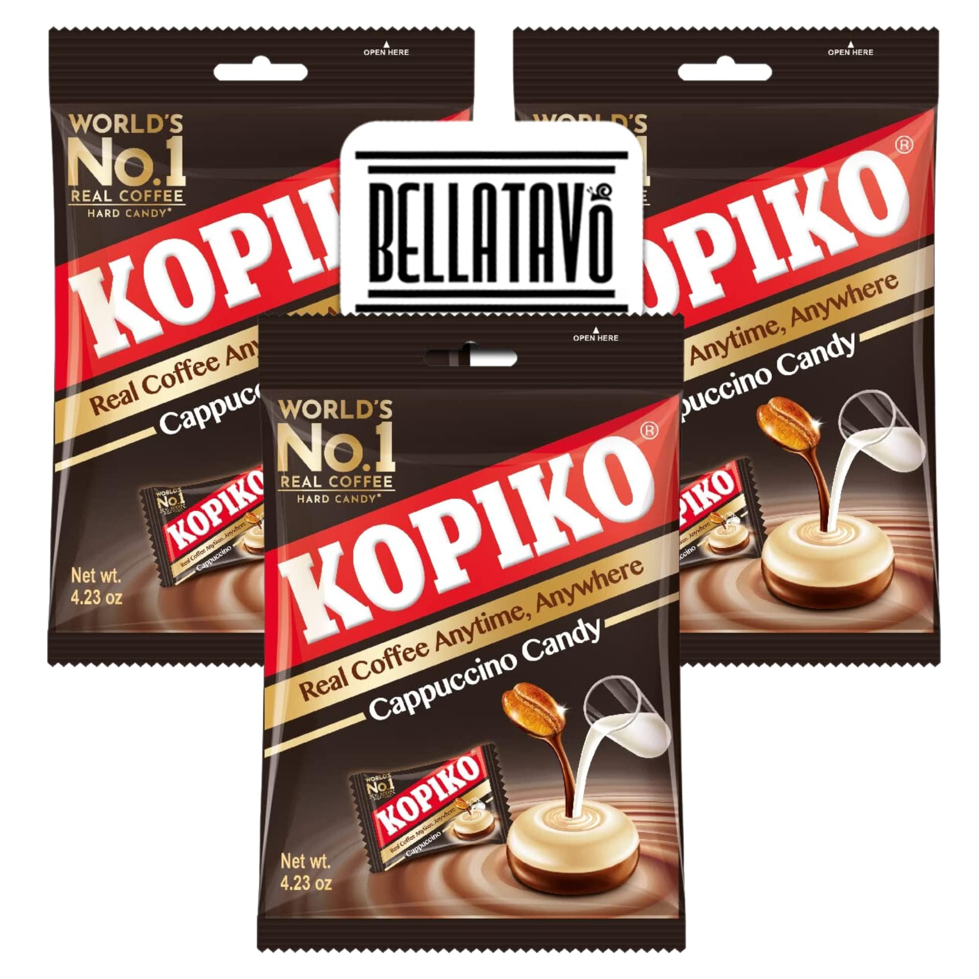 Cappuccino Candy Bundle. Includes Three-4.23 Oz Bags of Kopiko Cappuccino Candy! Kopiko Coffee Candy is Made with Real Coffee! Each Bundle of Pocket Coffee Candy Comes with a BELLATAVO Fridge Magnet!