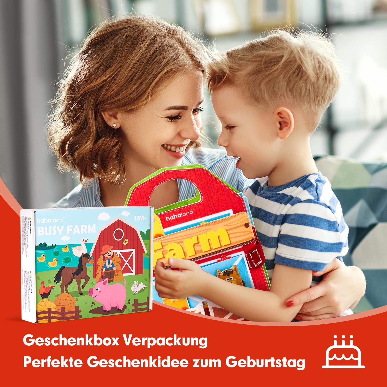 hahaland Busy Board ab 1 Jahr, 3D Filz Bauernhof Quiet Book ab 1 Jahre, Förderung Feinmotorischen Fähigkeiten, Busy Book für Autofahrt, Frühes Lernen Montessori Spielzeug ab 1 Jahr für Geschenk