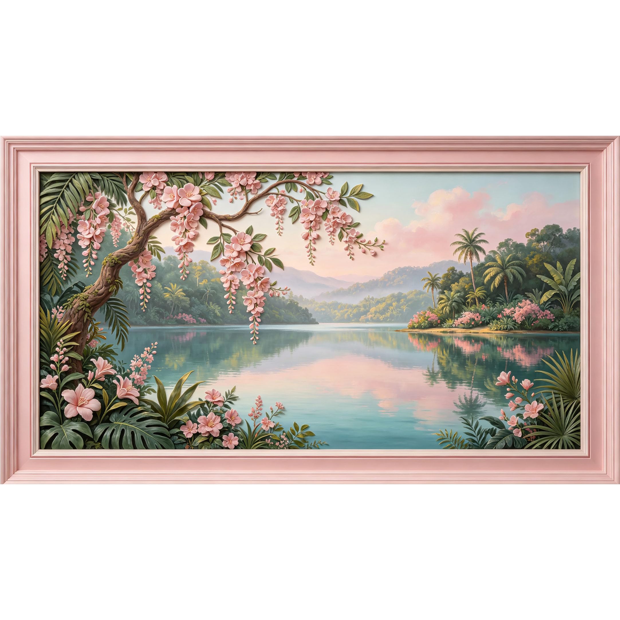 QZLITHOTIC 50×100cm 3D Framed Wall Art， Tropical Botanical Lake Landscape Self?Adhesive Mural， Water?Activated Peel & Stick Fabric Decor Wall Decal for Bedroom Living Room
