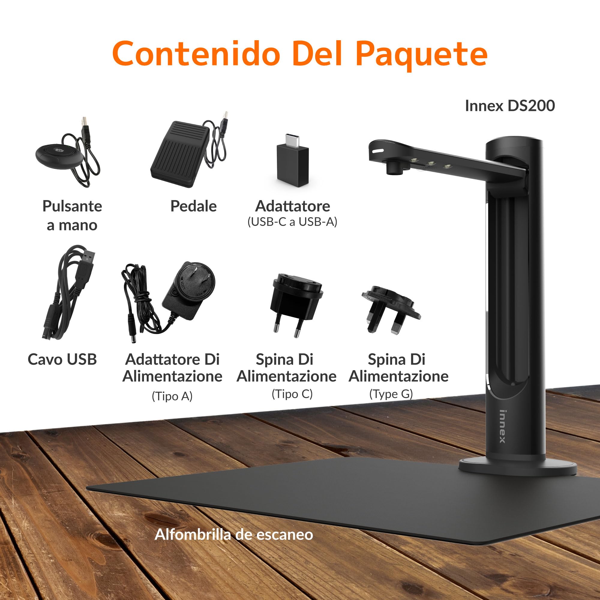 Innex DS200 - Escáner profesional USB de libros, 20.1MP, escaneo A3, OCR de más de 120 idiomas, aplanado automático, dedo eliminado, micrófono integrado