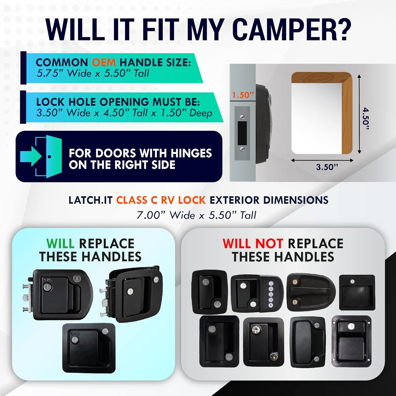 LATCH.IT RV Door Lock Replacement | Class C Camper Door Latch Fits 3.50" x 4.50" Lock Holes | 100% Metal RV Door Latch Replacement | RV Latch | Camper Door Locks with 2 High-Security Keys Included