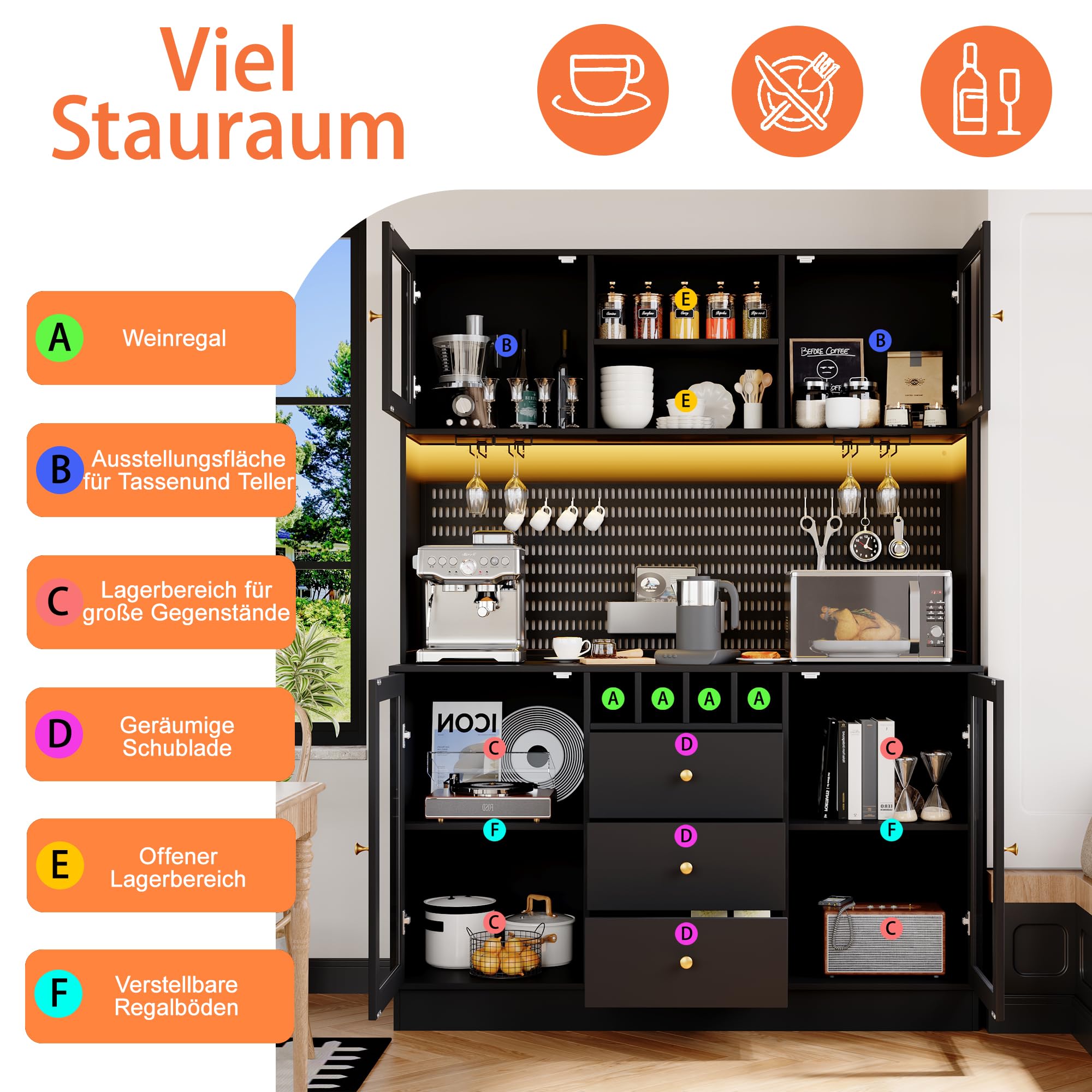 DRIXNO Hochschrank, Küchenschrank mit LED Beleuchtung, Buffetschrank mit Schubladen, Verstellbaren Ablagen, Esszimmerschrank, Seitenschrank mit Weinregal und Kippsicherung, 140x40x185.7 cm, Schwarz
