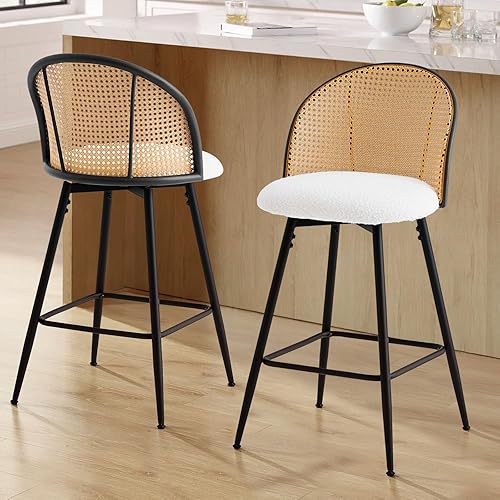 Miniatura 3 de Juego de 2 taburetes de bar de ratán tapizados giratorios con respaldo de caña y patas de metal, silla de bar de altura de asiento de 26 pulgadas de