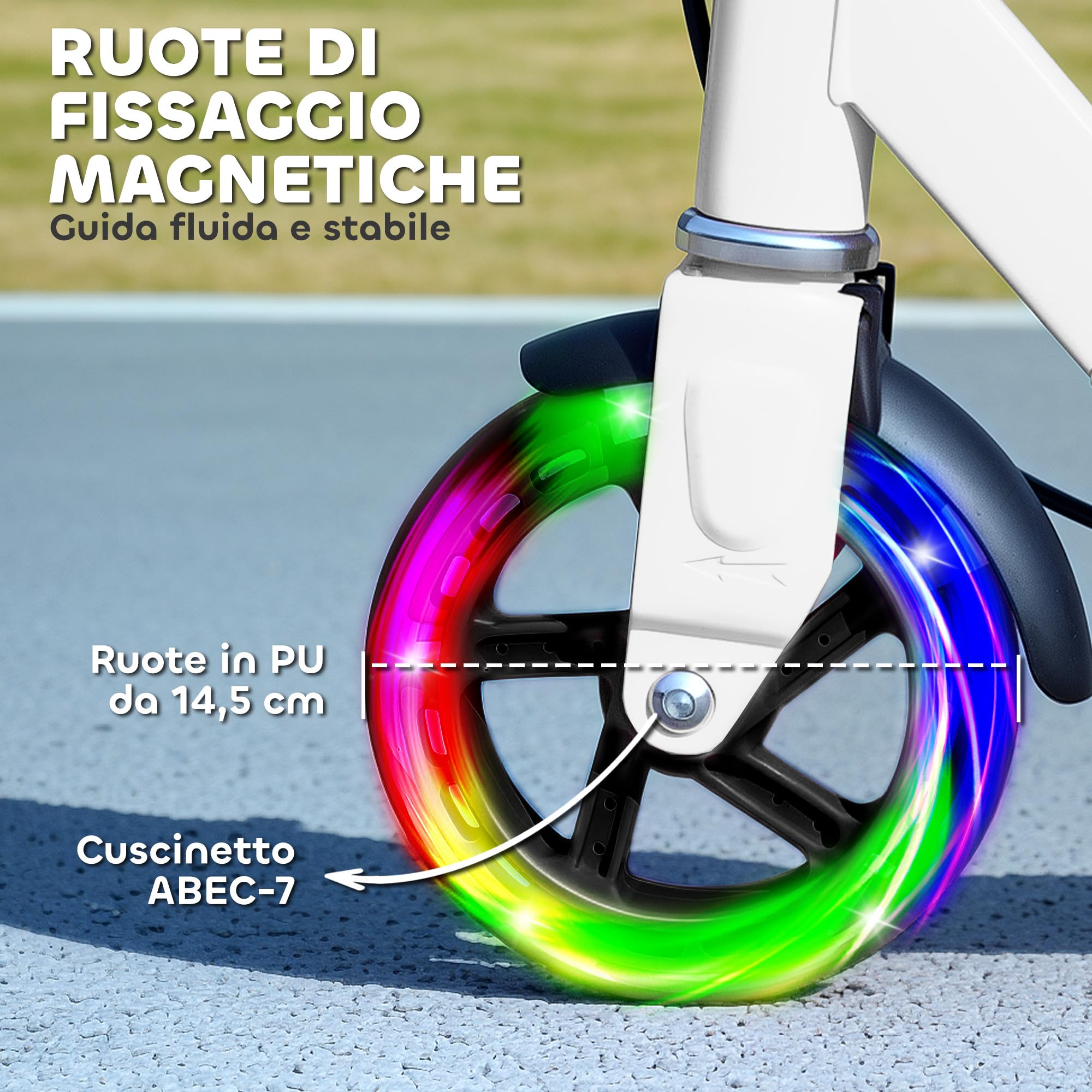 AIYAPLAY Monopattino per Bambini 3-8 Anni Pieghevole con Ruote Luminose e Altezza Regolabile, Scooter per Bambini in Metallo con Freno Posteriore e Cavalletto, Bianco