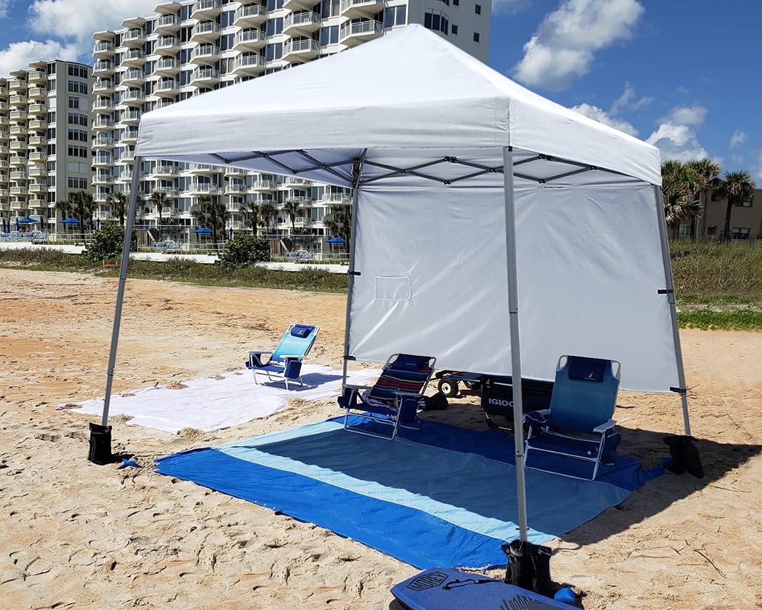 ABCCANOPY Outdoor Pop Up Canopy10x10 Beach Camping Canopy with 1 Sun Wall, Bonus Backpack Bag, Stakes and Ropes,White