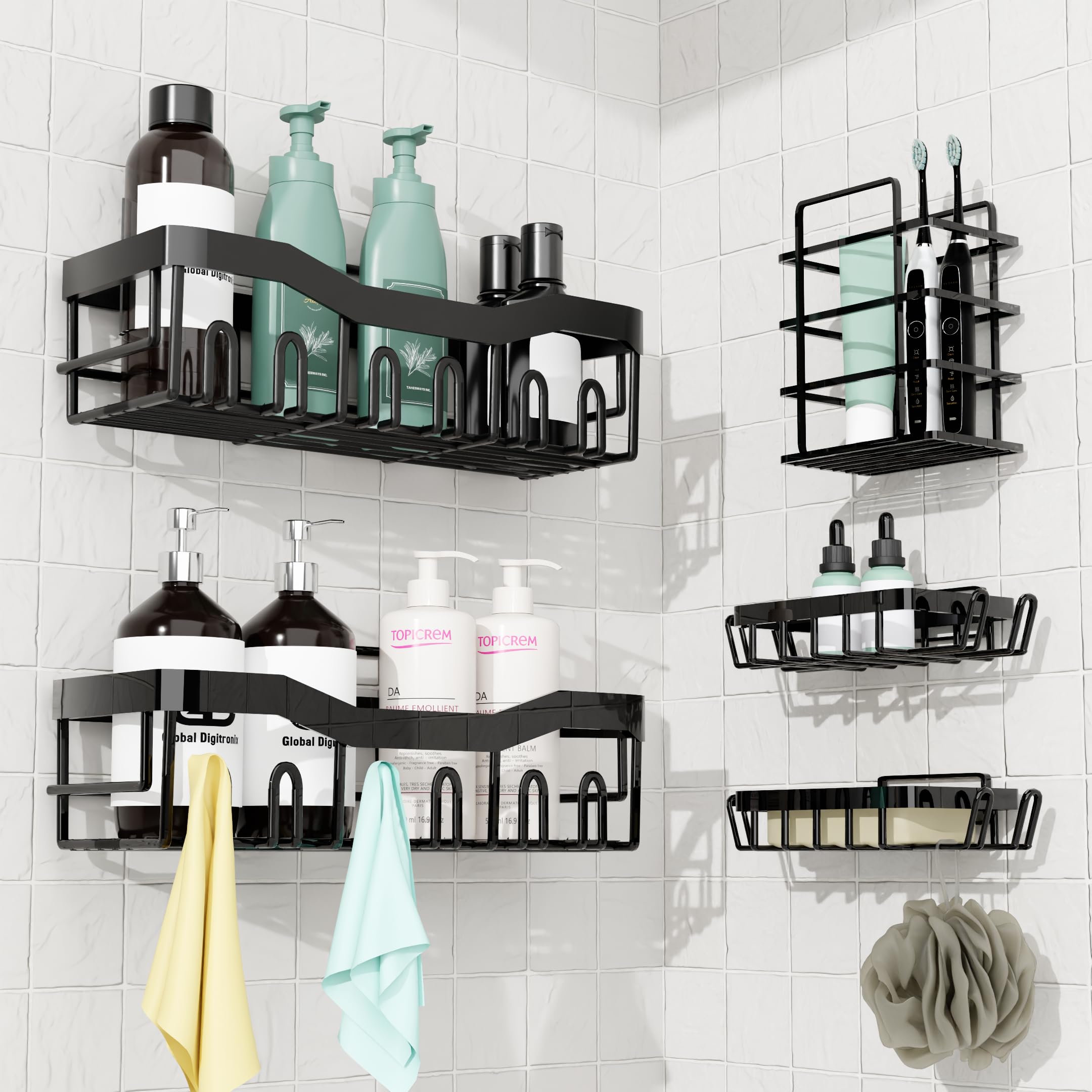 GD Adhesive Shower Caddy 5 Pack Rustproof Stainless Steel No-Drill Bathroom Organizer Shelves with Large Capacity Waterproof Storage
