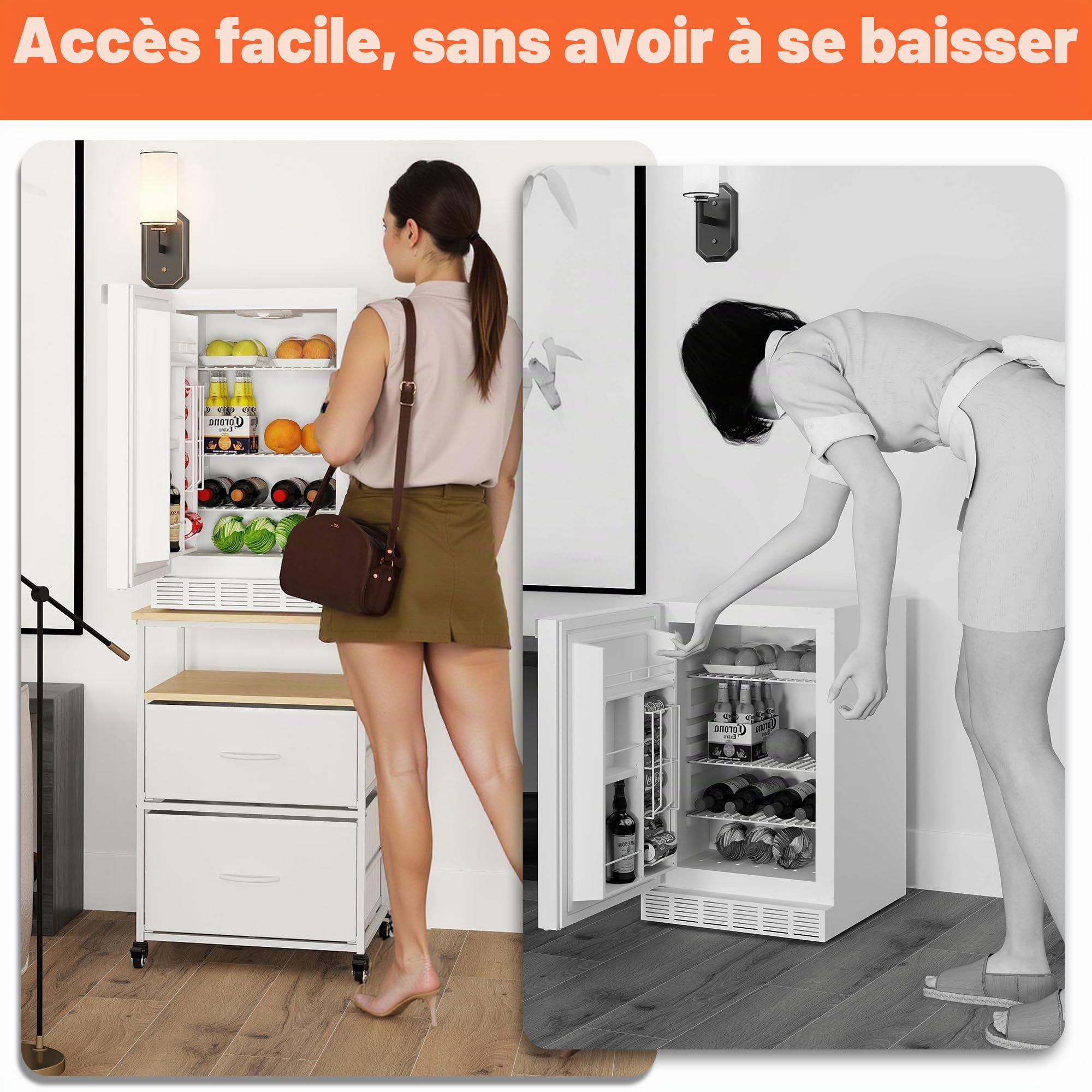 Mini support de réfrigérateur avec rangement mobile pour réfrigérateur - Mini armoire de réfrigérateur compacte à roulettes pour cuisine, chambre à coucher, bureau, dortoir, blanc