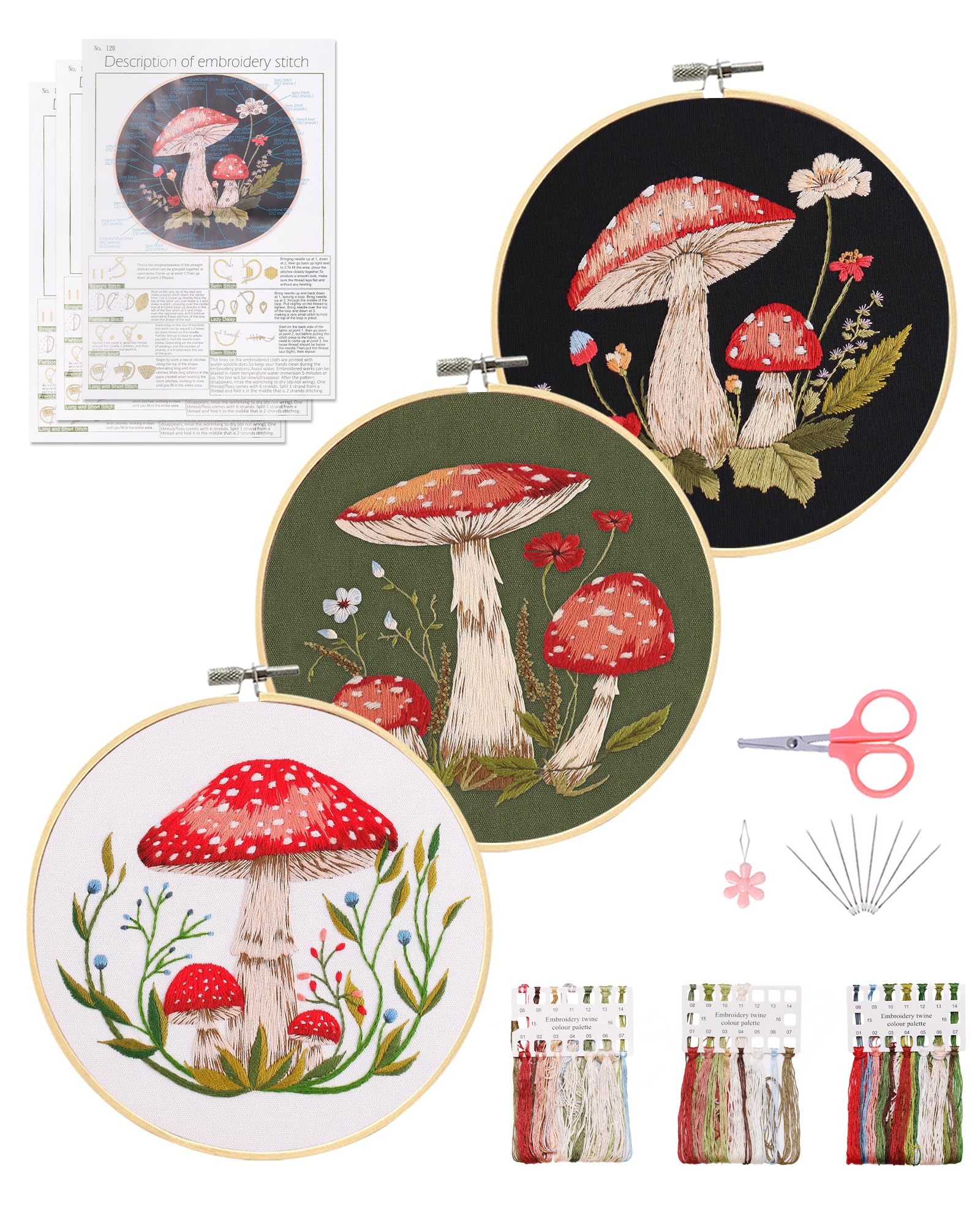 Santune 3 Sets Embroidery Kit for Beginners,Cross Stitch Needlepoint Kits for Adults Starter Easy Stamped Mushroom Pattern Fabric Hand Crafts,Hoops,Needle,Women DIY Hanging Plants,Sewing Hobby