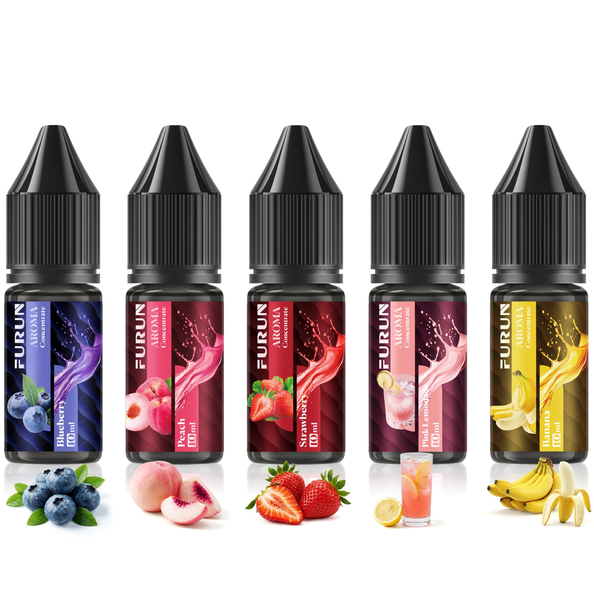FURUN Aromakonzentrat Set 5 x 10 ml, Lebensmittelaroma für DIY-Getränke | 5 Sorten: Erdbeere, Blaubeere, Banane, Pfirsich, Pink Lemonade. Hochdosiertes Aroma, einfach zu mischen