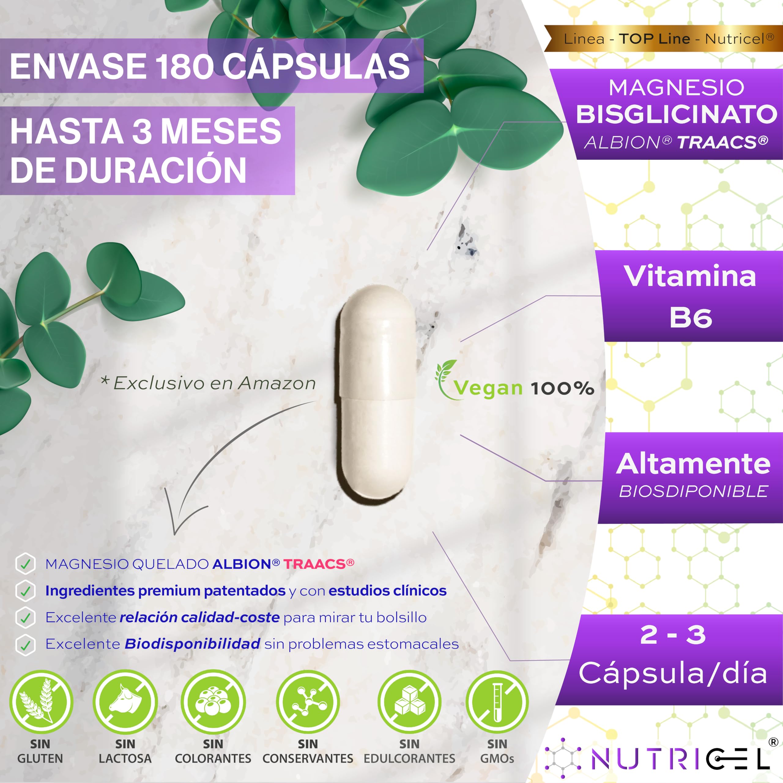 Glicinato de magnesio + Vitamina B6-375 mg de magnesium elemental/dosis diaria - suministro para 2 meses con 180 cápsulas - magnesio quelado - mejora sueño y fatiga - 100% vegano, alta dosificación