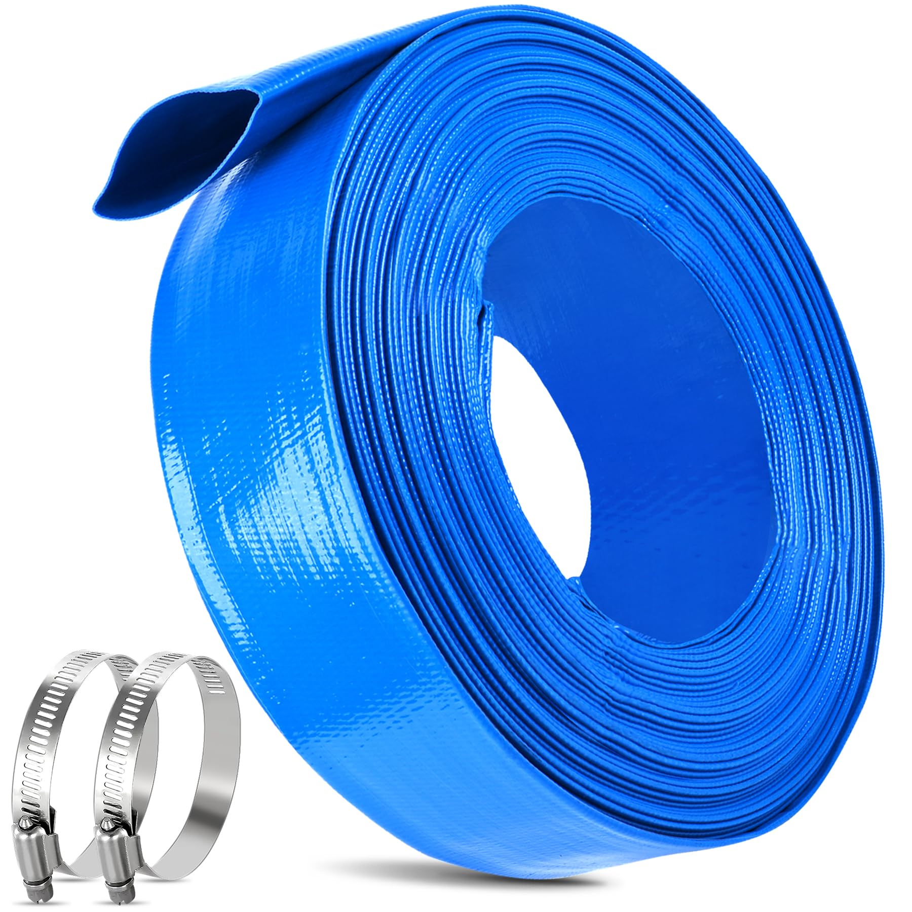 MYFAMIREA 1.25 IN x 30 FT Pool Backwash Hose Heavy Duty Drain Discharge Double PVC Layflat Hose with 2 Clamp, Weatherproof Burst Resistant for Water