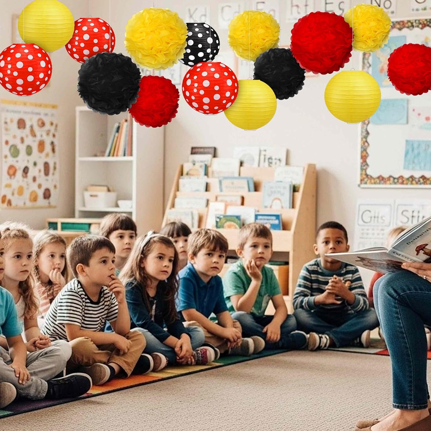 15 Pcs Mouse Birthday Party Decorations 7.9'' Mouse Paper Lanterns 7.9'' 9.8'' Red Yellow Black Paper Pom Poms for Classroom Decor Cartoon Party Supplies