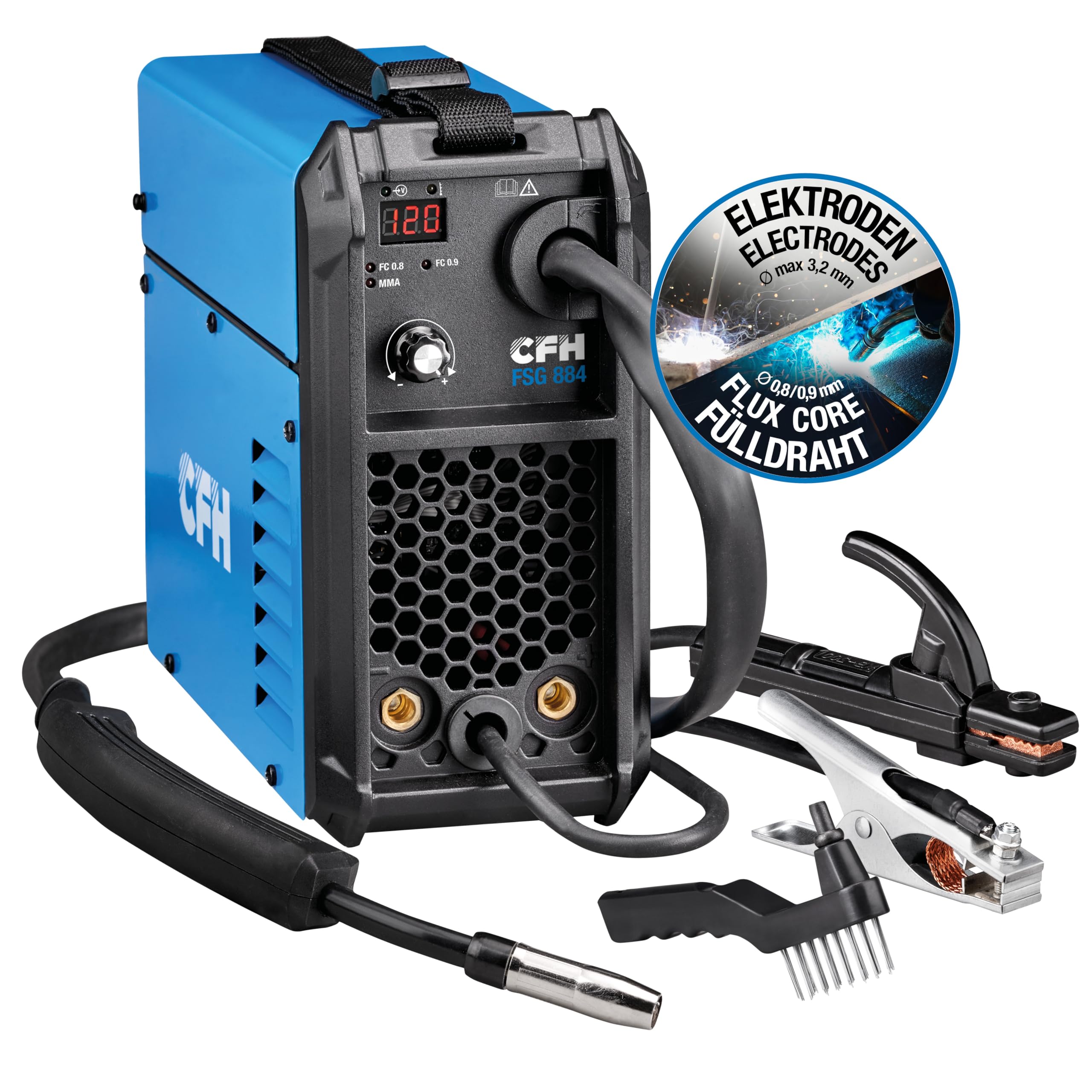 CFH Fülldrahtschweißgerät 120 A FSG 884 – MMA- & FLUX-Schweißgerät ohne Gas, mit Hot Start, Anti Stick & Arc Force
