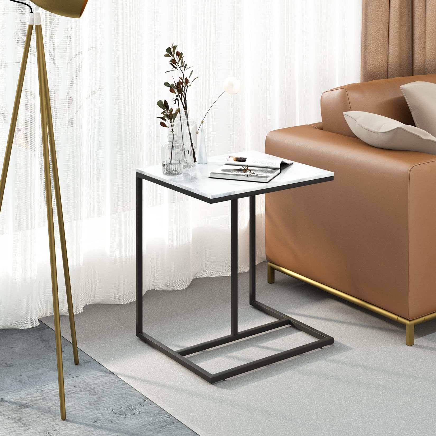 Wisfor White Faux Marble Side Table: Modern C Shaped End Table Sofa Coffee Snack Accent Laptop Table with Black Metal Frame Sintered Stone Table Top Bedside Table for Living Room Couch