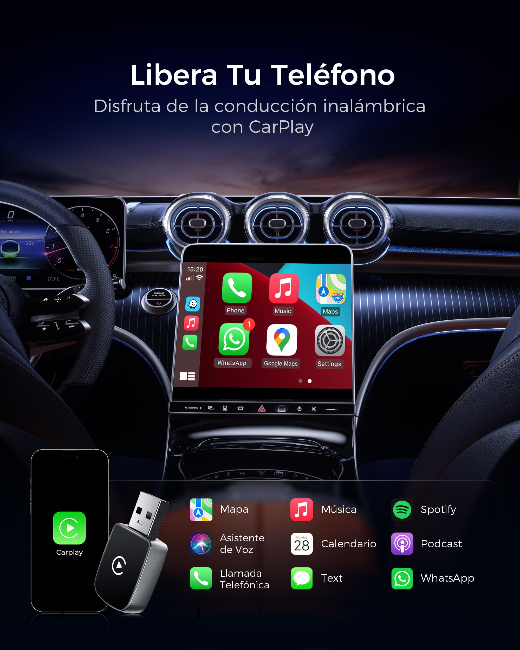 WityEye Adaptador CarPlay Inalámbrico, Bluetooth V5.3 Conexión Estable, 5.8GHz WiFi de Alta Velocidad, USB A/C, para Apple iPhone iOS 10+, Convierte Conexión con Cable en Inalámbrica — view 2