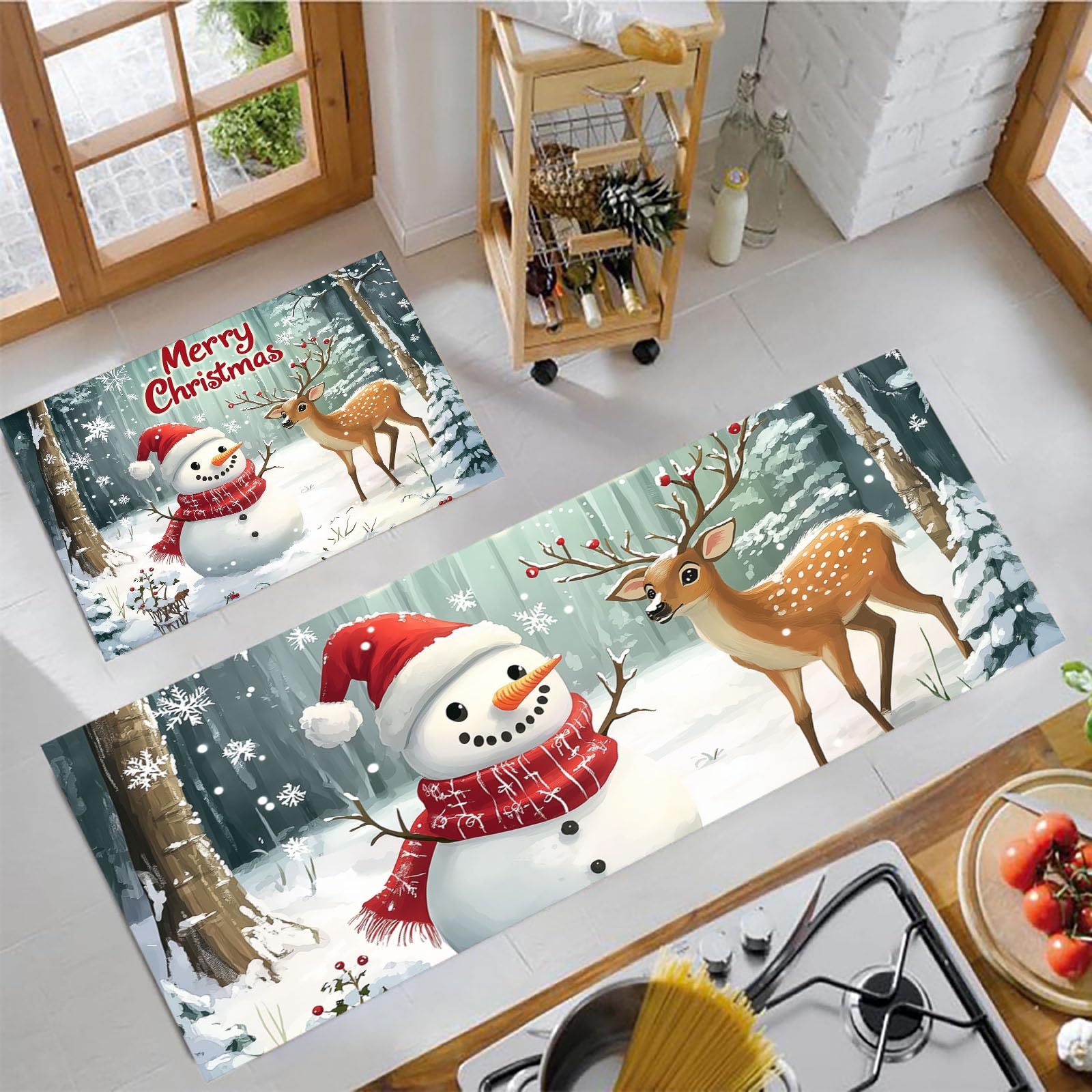 Tapis de cuisine antidérapants lavables motif Noël forêt lot de 2