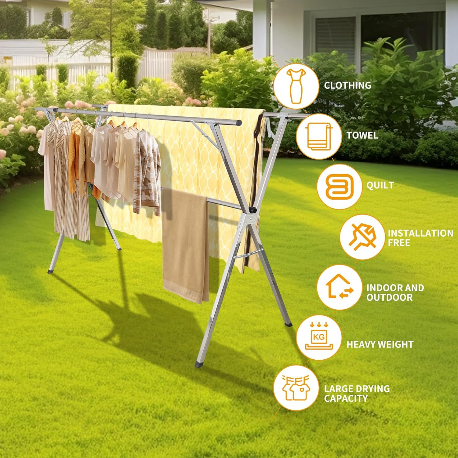 Clothes Drying Rack,59-79- 95 Inches，Adjustable，Heavy-Duty Laundry Drying Rack,Premium Stainless Steel，Extendable and Foldable Freestanding Airer, for Indoor Outdoor Use，with Windproof Hooks
