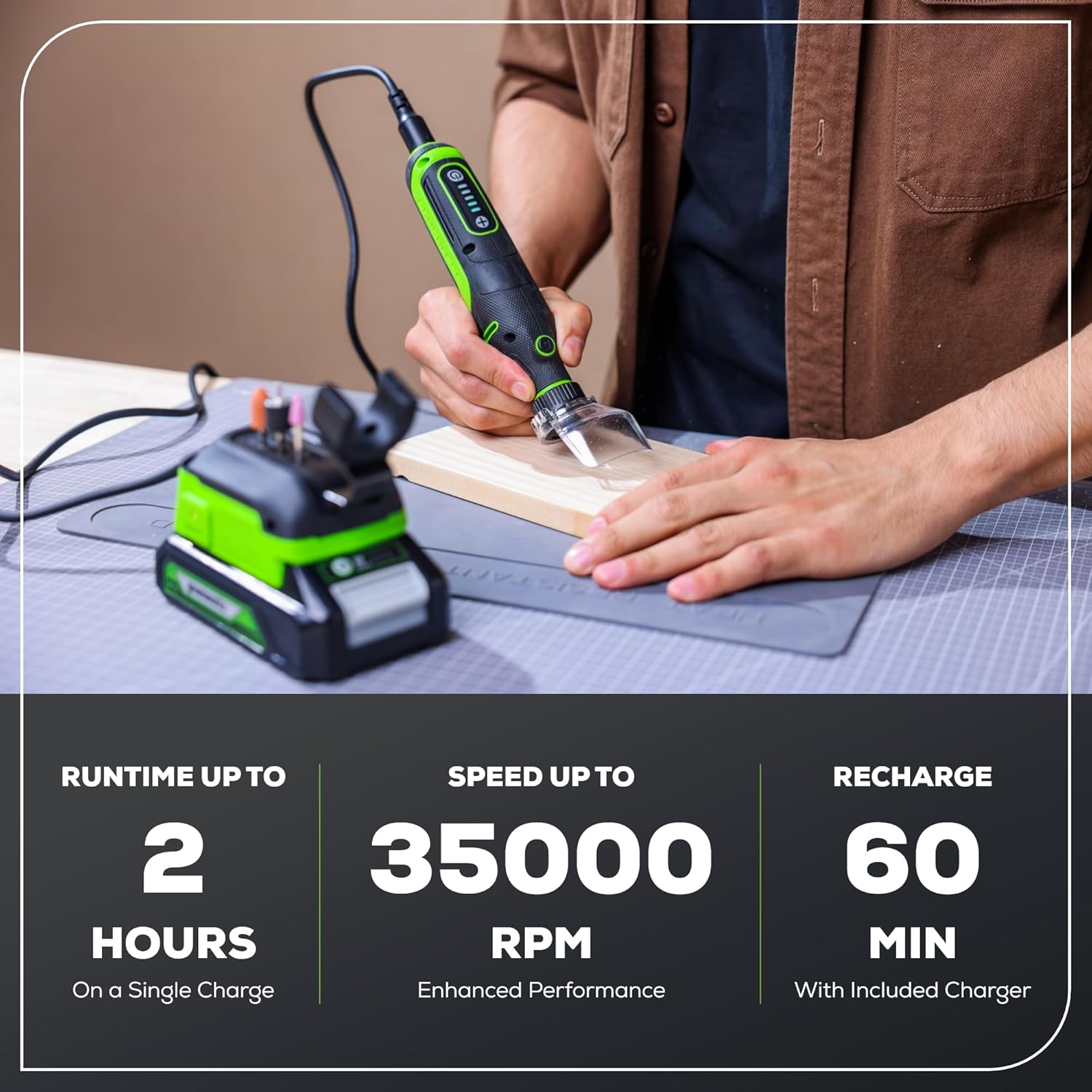 User operating Greenworks Rotary Tool on wood