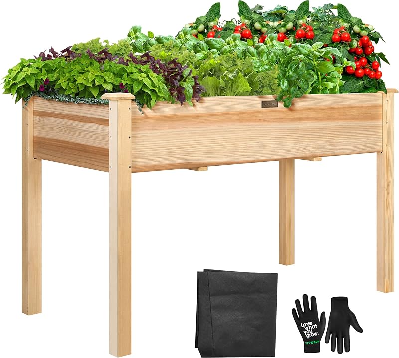 VIVOSUN Raised Garden Bed with Legs Outdoor Wood 48x24x30 Elevated Planter | 30" User-Friendly Height / 220lb Capacity / Pre-Drilled Drainage / Rot-Resistant Fir Wood / Liner & Gloves / Tool-Free