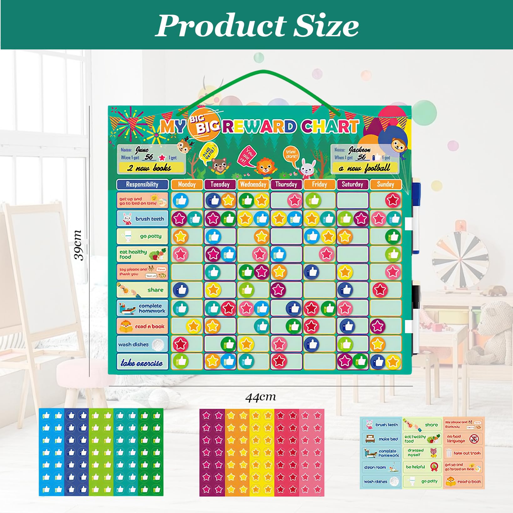 Lavagna magnetica per ricompensa per bambini, lavagna magnetica con 15 compiti e 70 magneti a stella e 70 pollici di altezza, lavagna premiata per bambini, Family Plan, Montessori Lavagna