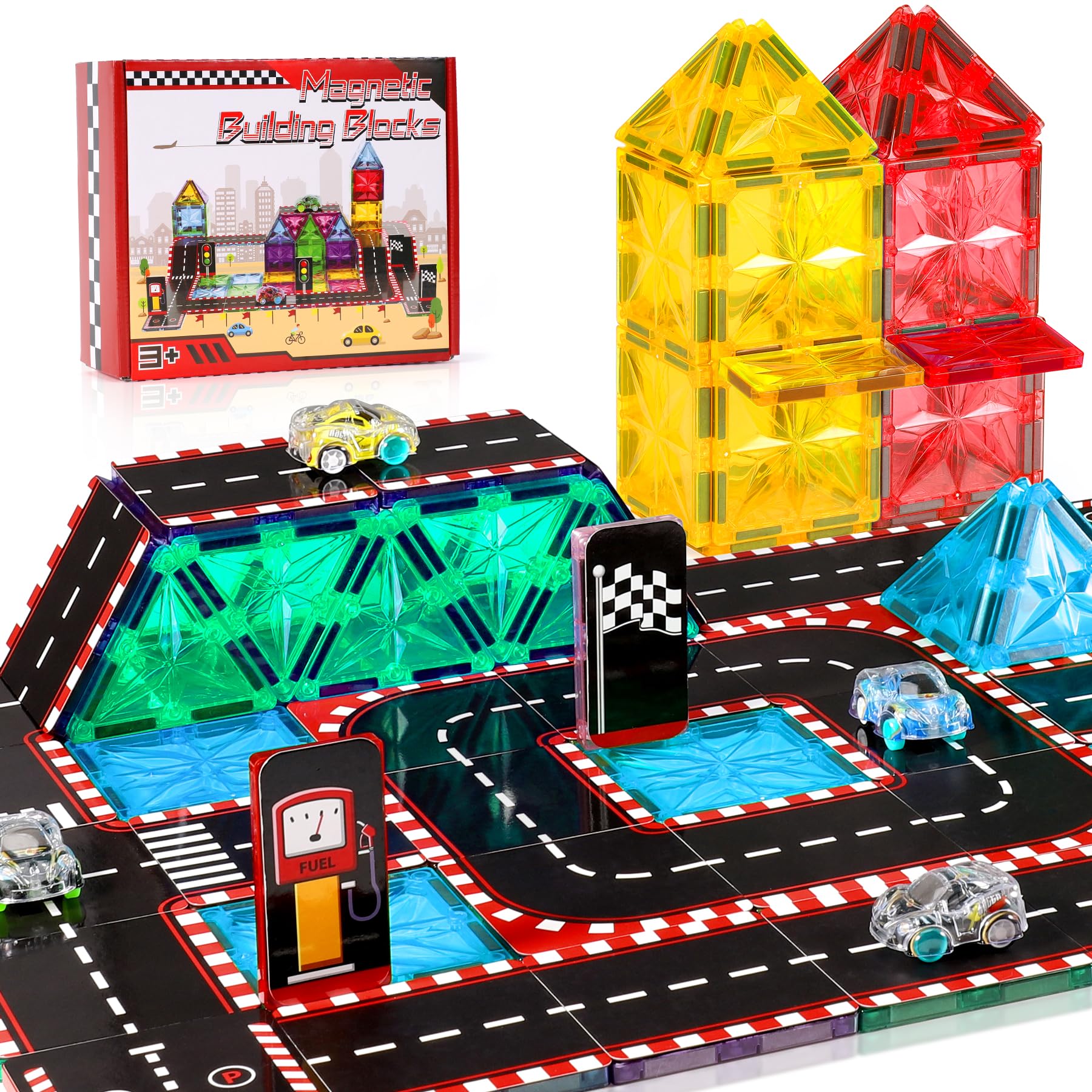 COOLJOYA Bloques de Construcción Magnéticos 65 Piezas | Bloques de Construcciones Magneticas Niños Niña 3 4 5 6 7 Años | Juego de Adornos para Caminos de Ciudad