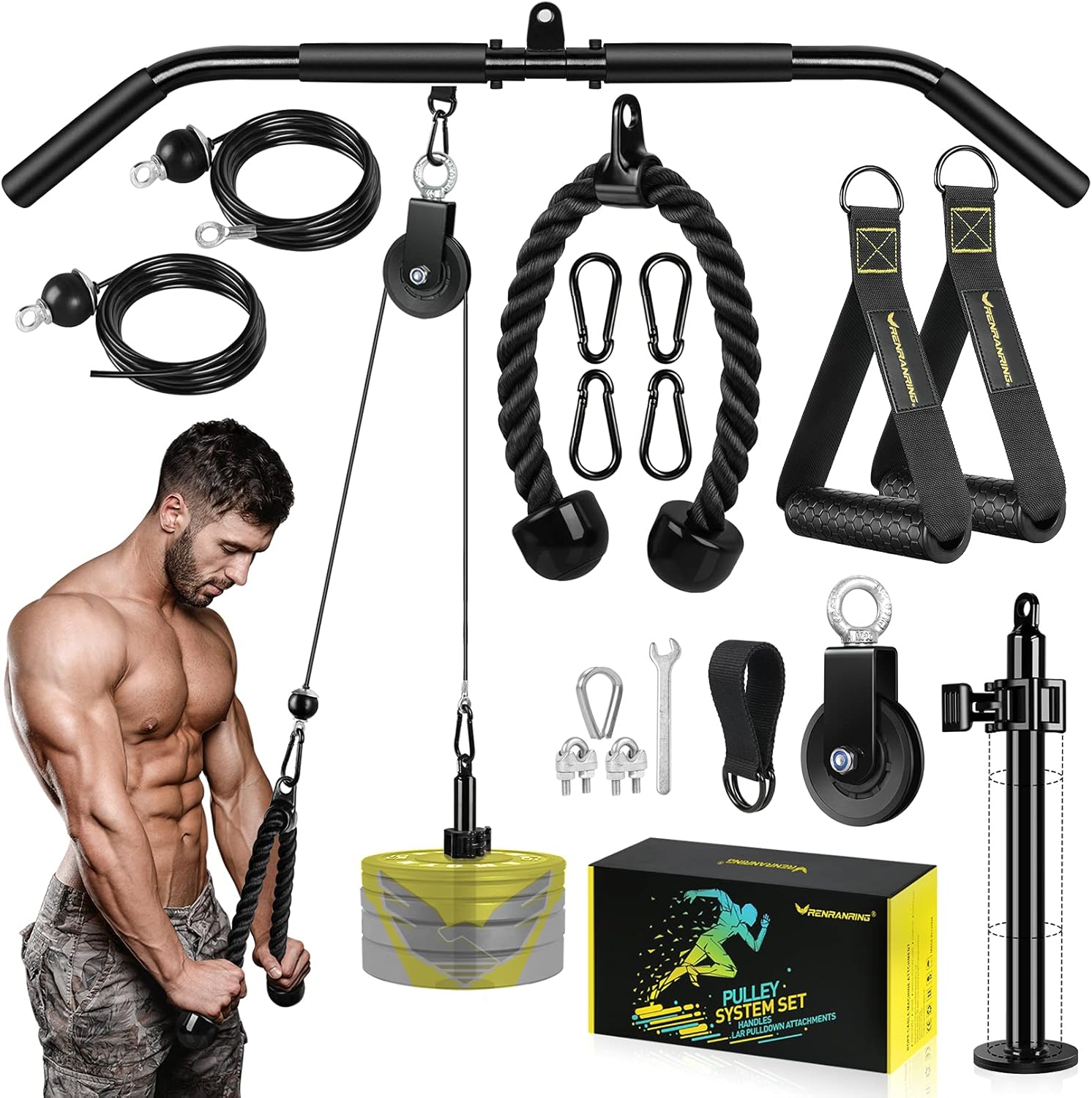 RENRANRING Fitness LAT and Lift Pulley System Gym - Upgraded LAT Pull Down Cable Machine Attachments, Loading Pin, Handle and Tricep Rope, for Biceps Curl, Forearm, Triceps Exercise Gym Equipment : Sports & Outdoors