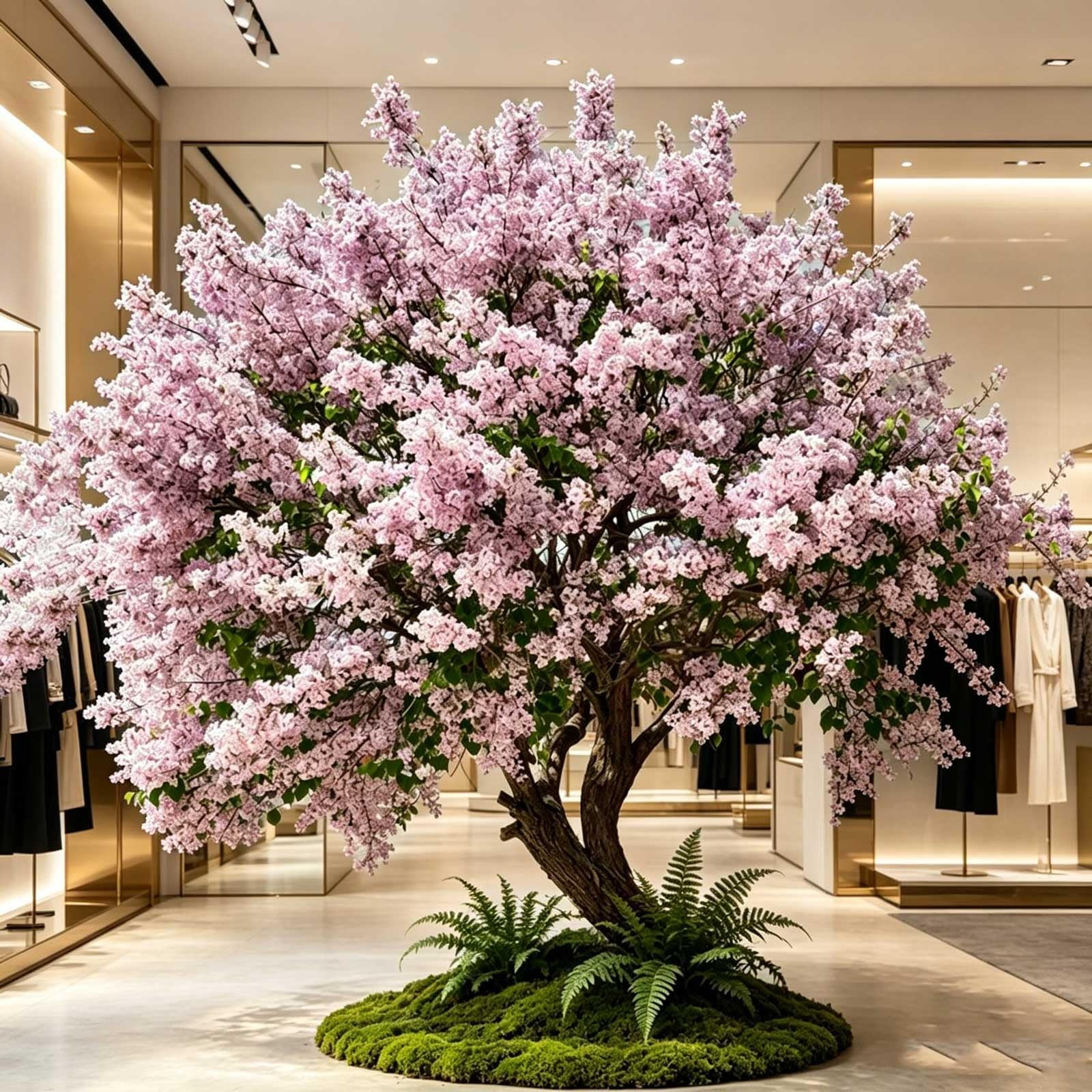 Kiboncy One Color Oversized Freestanding Faux Lilac Tree With Gnarled Dual Trunks, Abundant Pastel Pink Flower Clusters, Moss Cushion Base Landscape Ornament For Exhibition Hall