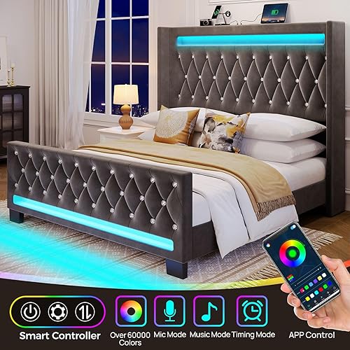 Miniatura 3 de Rolanstar Base de cama matrimonial con luz LED y estación de carga, cabecero alto tapizado y estribo, listones de madera, sin ruido, fácil montaje,