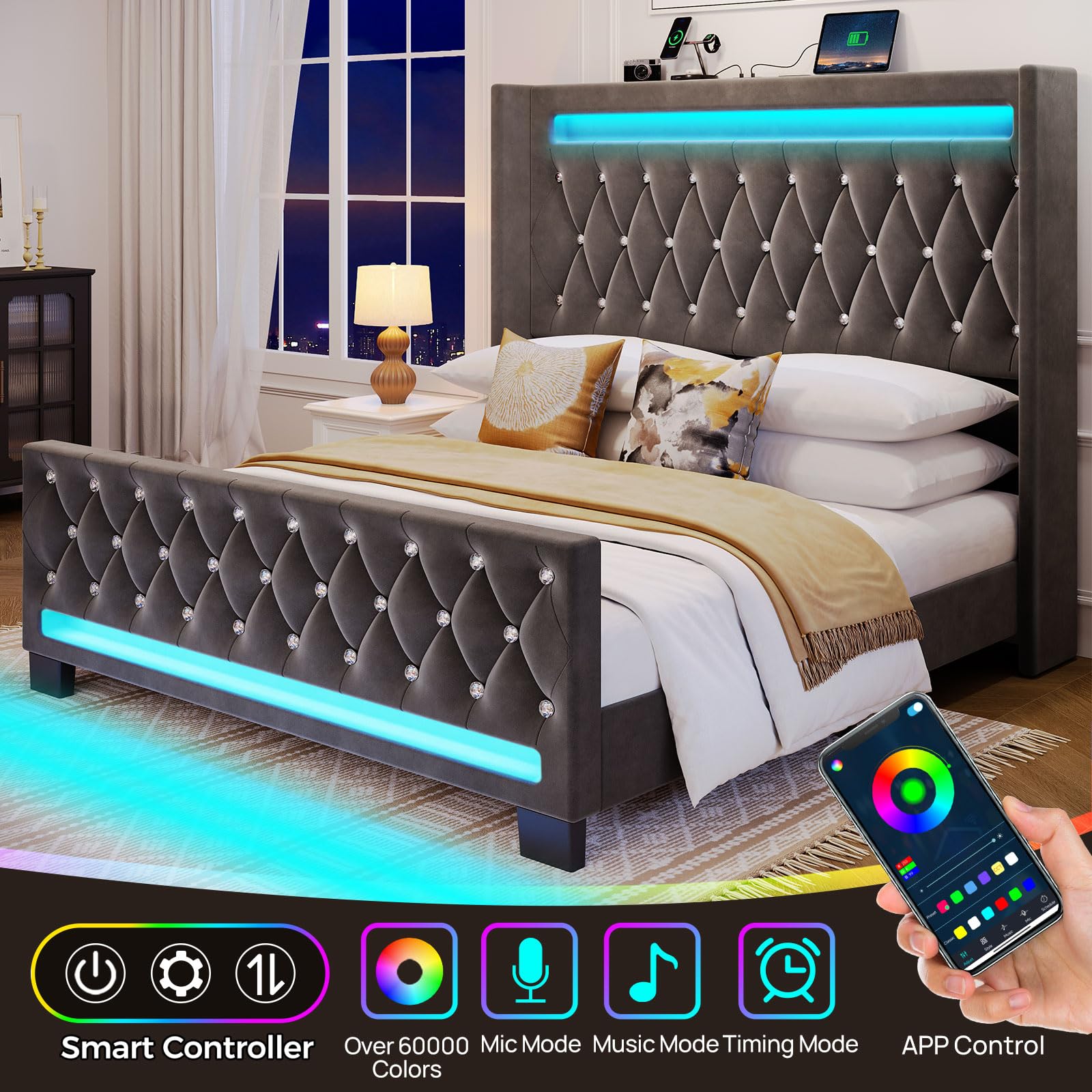 Rolanstar Queen Bed Frame with LED Light and Charging Station, Upholstered High Headboard and Footboard, Wood Slats, Noise Free, Easy Assembly, Grey