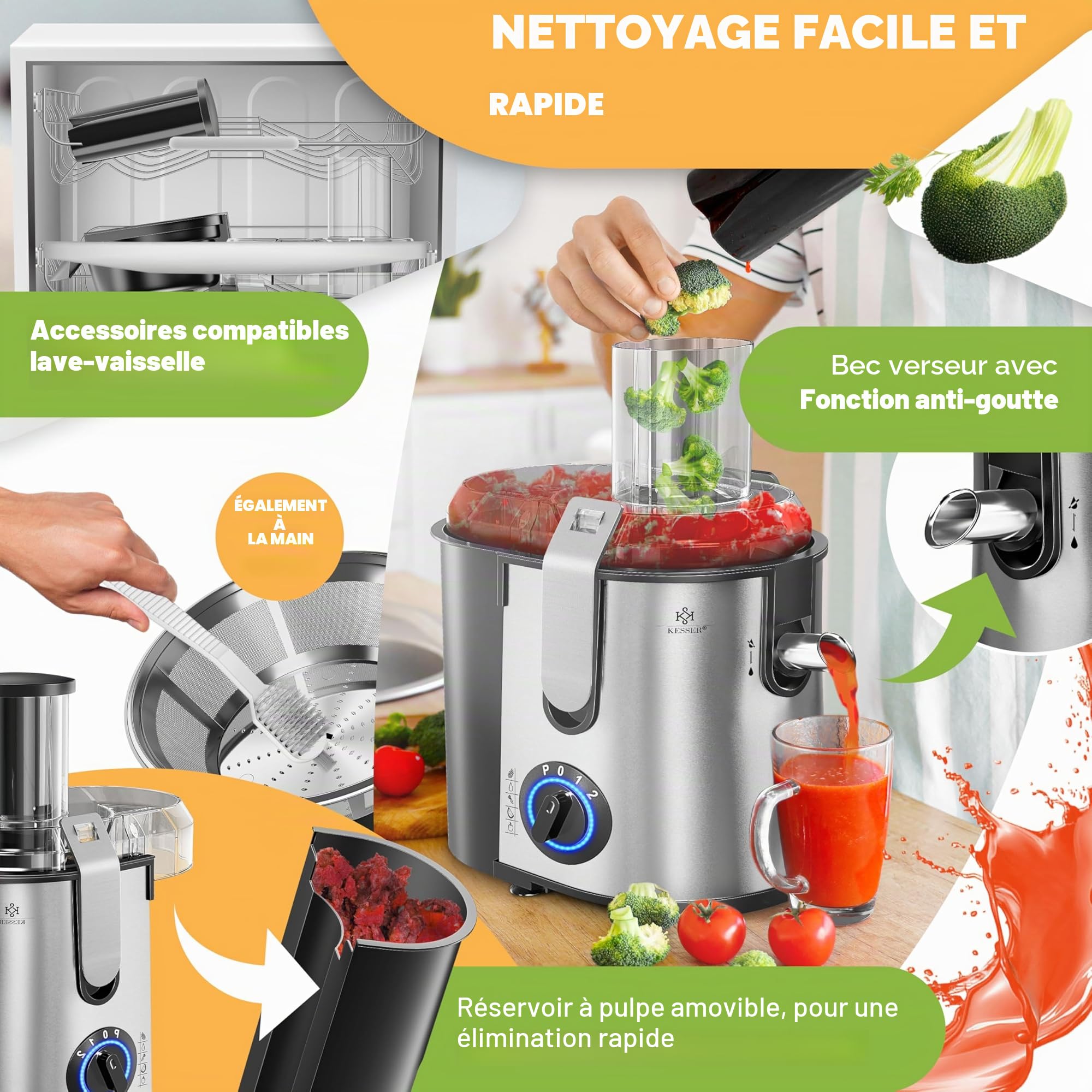 KESSER - Centrifugeuse en Inox Fruits et légumes 1100W, Extracteur de jus, Capacité 1L, Ouverture 85mm