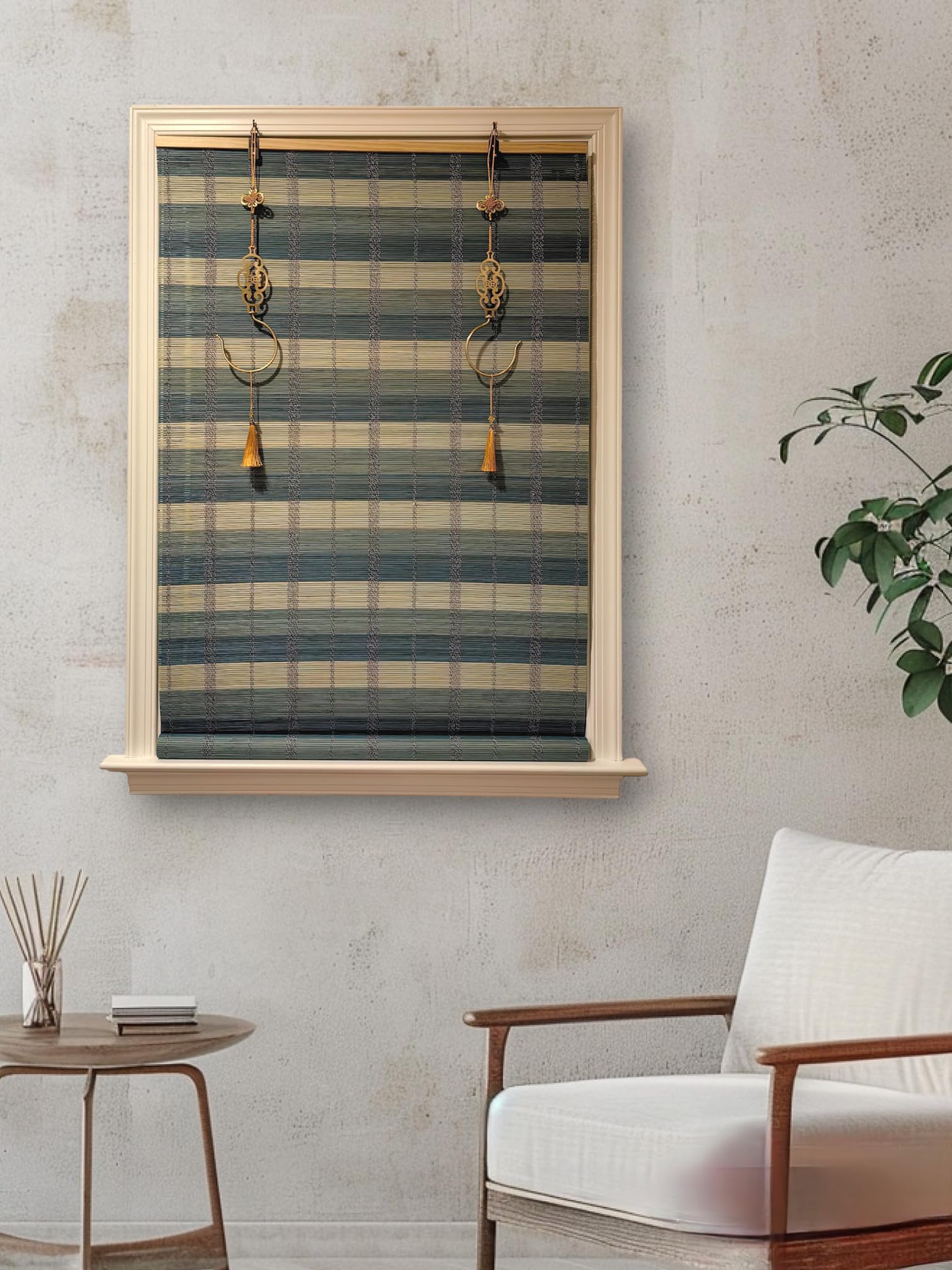THY COLLECTIBLES Cordless Bamboo Window Blind Sun Shade, Light Filtering Roller Shades with Oriental Themed Decorative Brass Hooks (Cyan, W24 X H72)